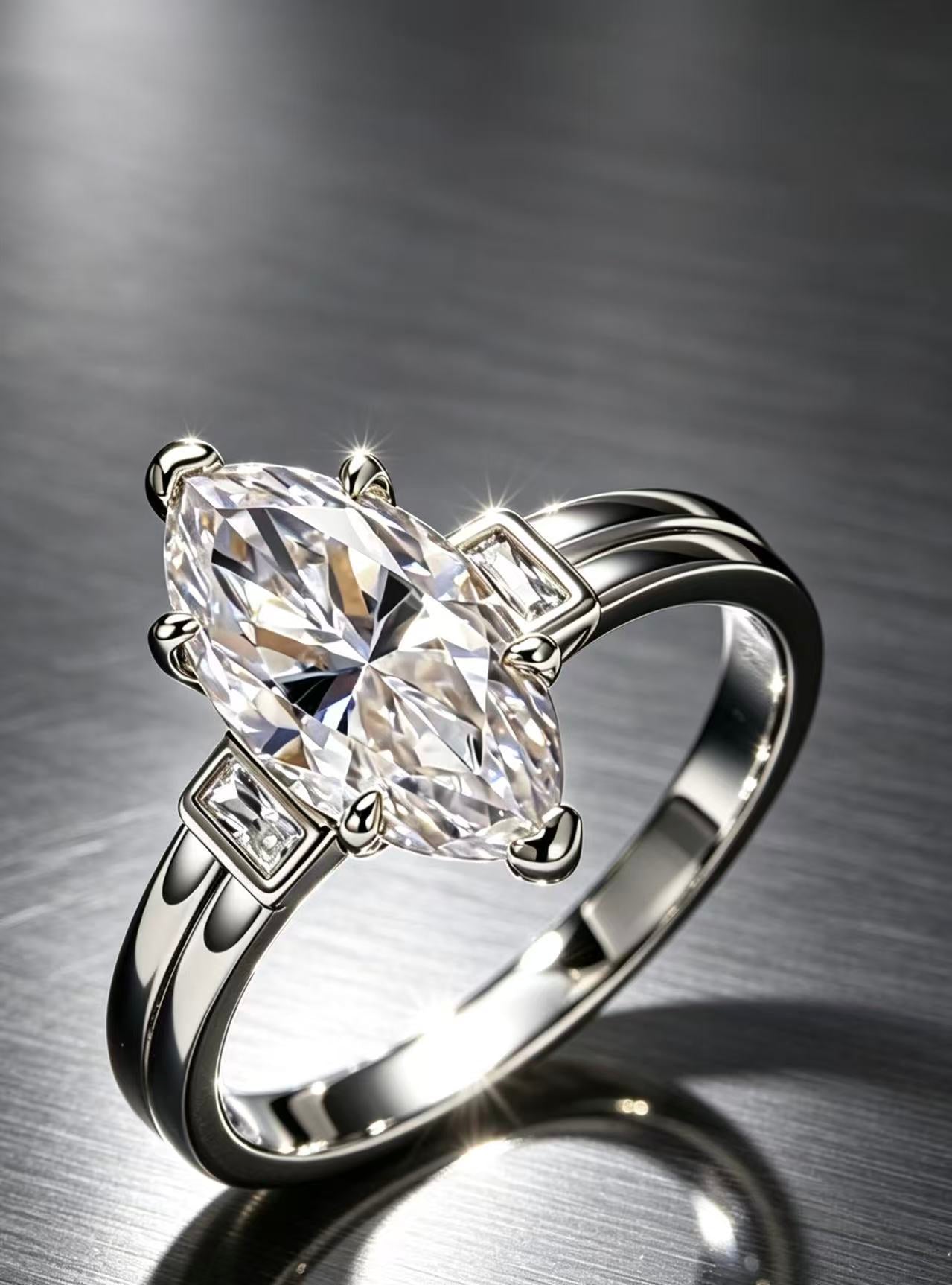 3.0ct marquise-cut moissanite trinity ring in S925 sterling silver with baguette side stones on a metallic background.