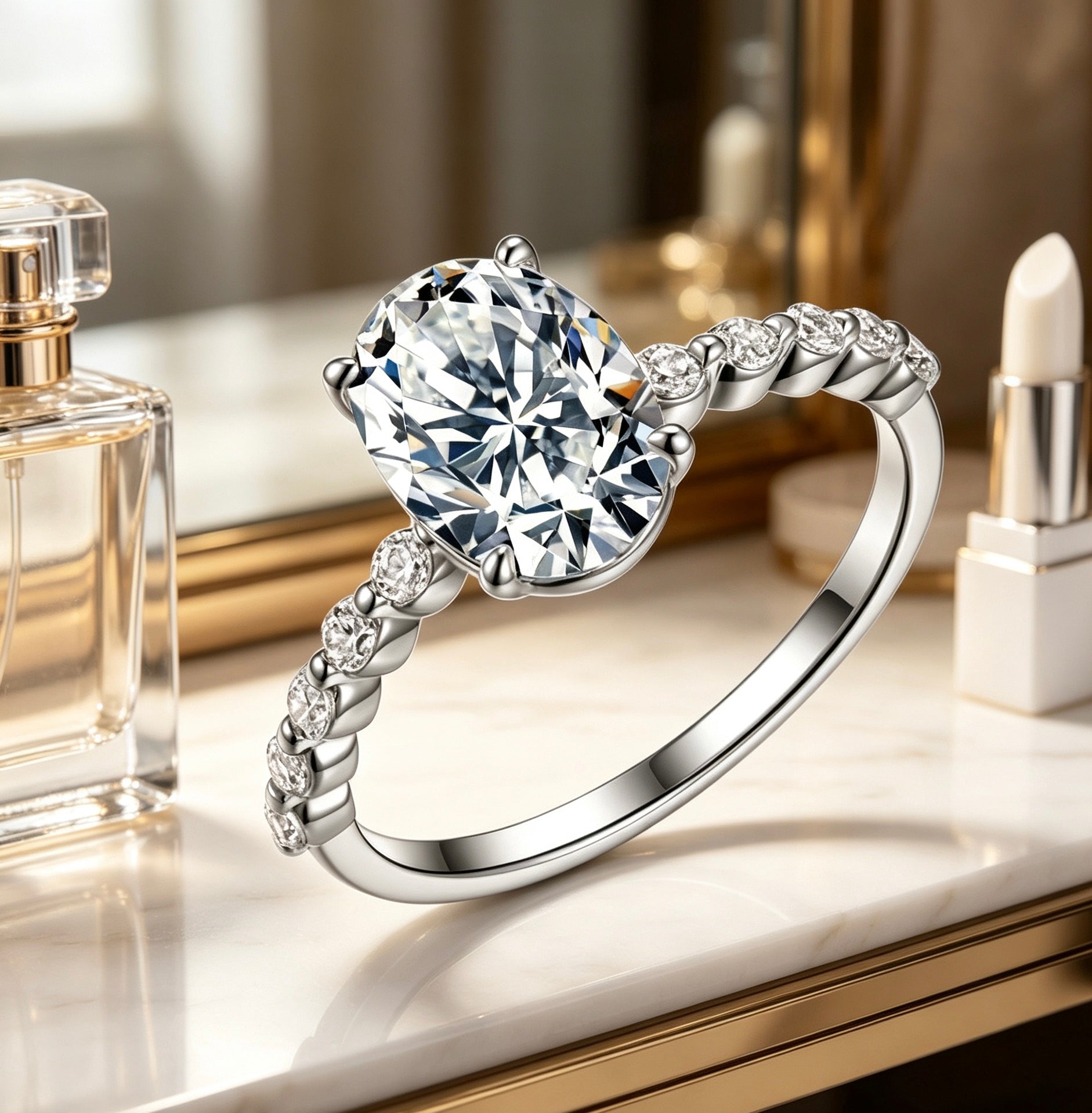 Oval moissanite engagement ring in S925 silver with an alternating marquise and round stone full eternity band.