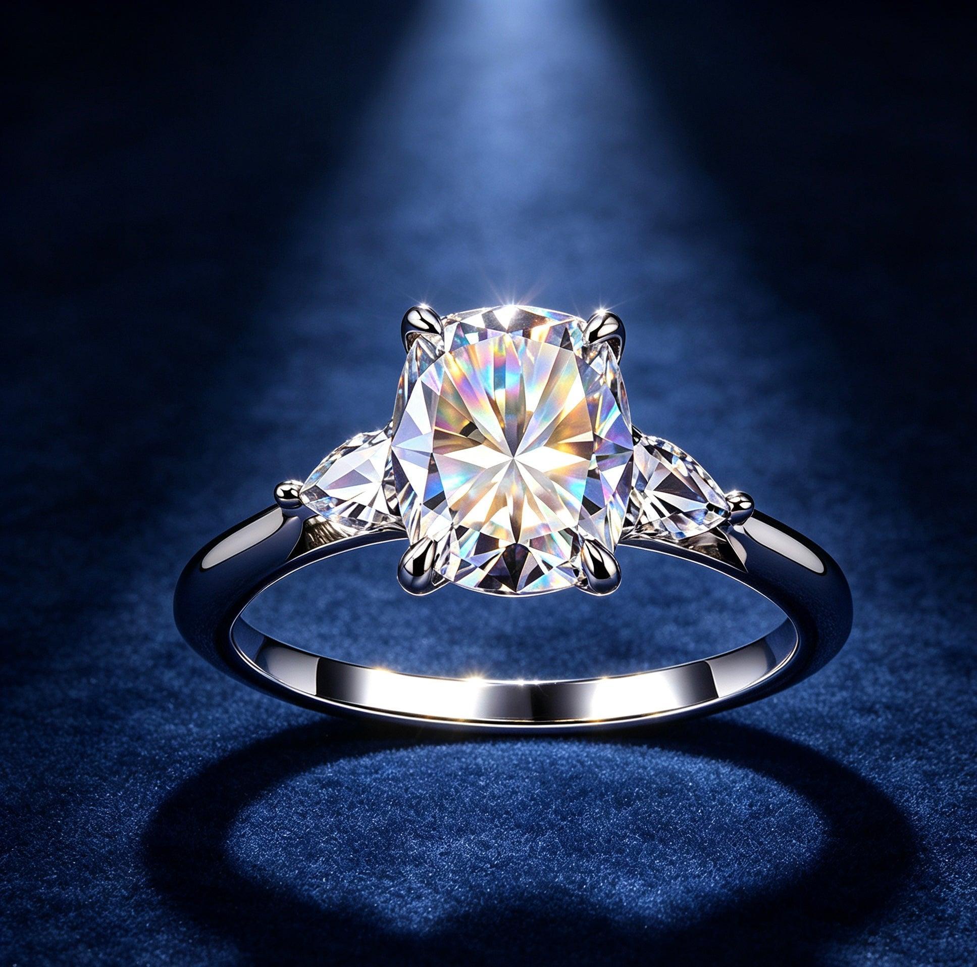 Cushion cut moissanite three-stone ring with pear side stones in a polished sterling silver setting on blue velvet.