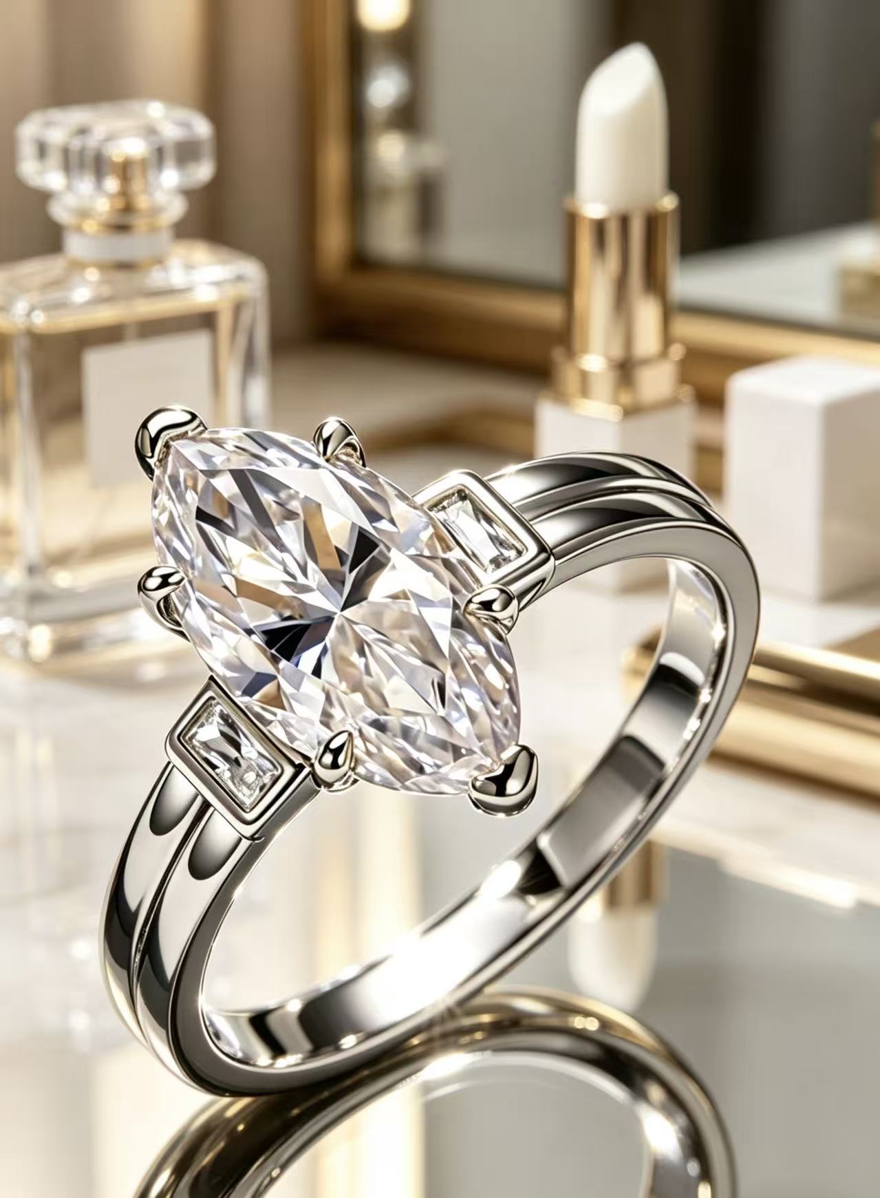3.0ct marquise-cut moissanite trinity engagement ring in S925 sterling silver with baguette side stones.