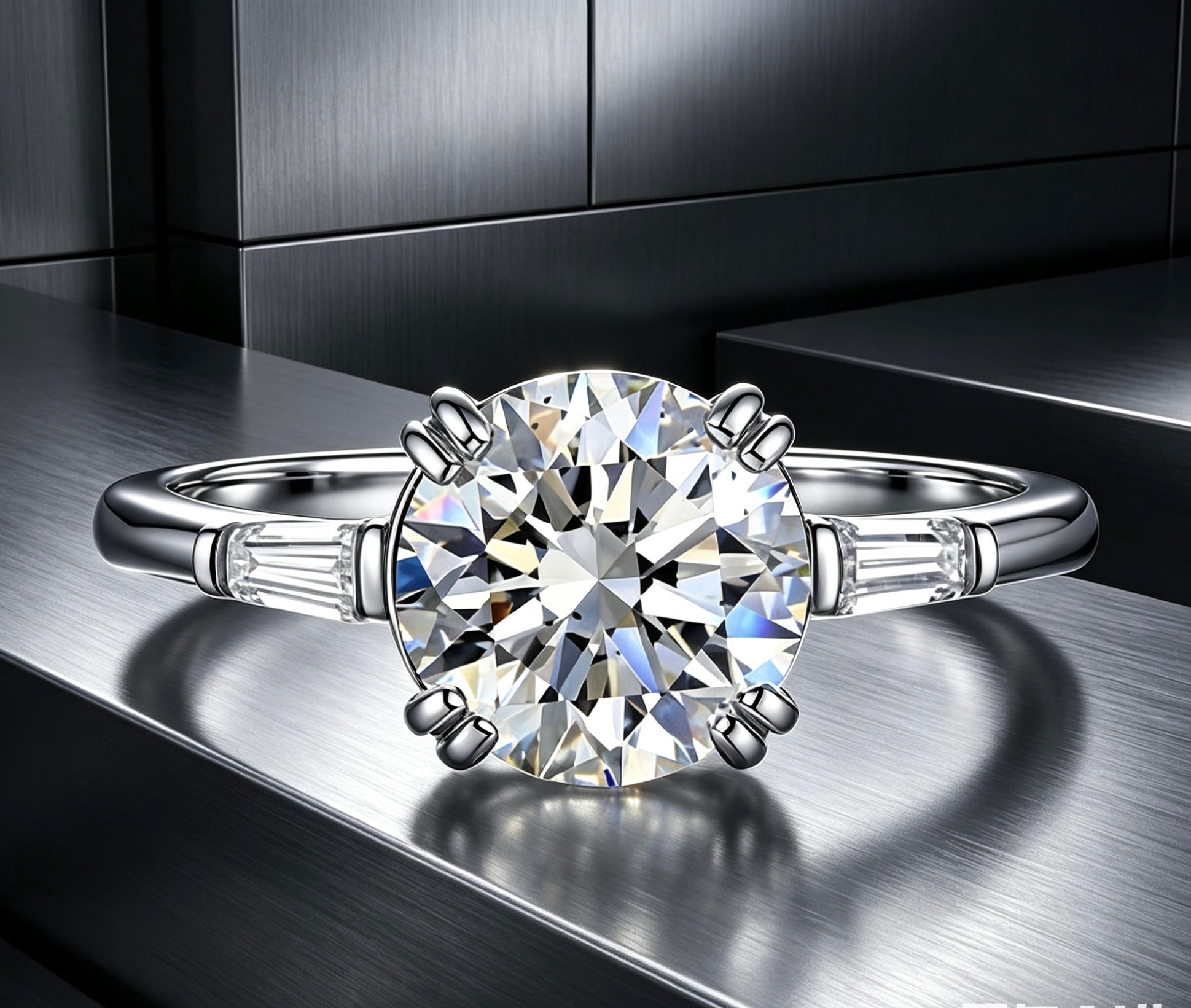 Six-prong round moissanite engagement ring in S925 silver with tapered baguette side stones on a metallic surface.