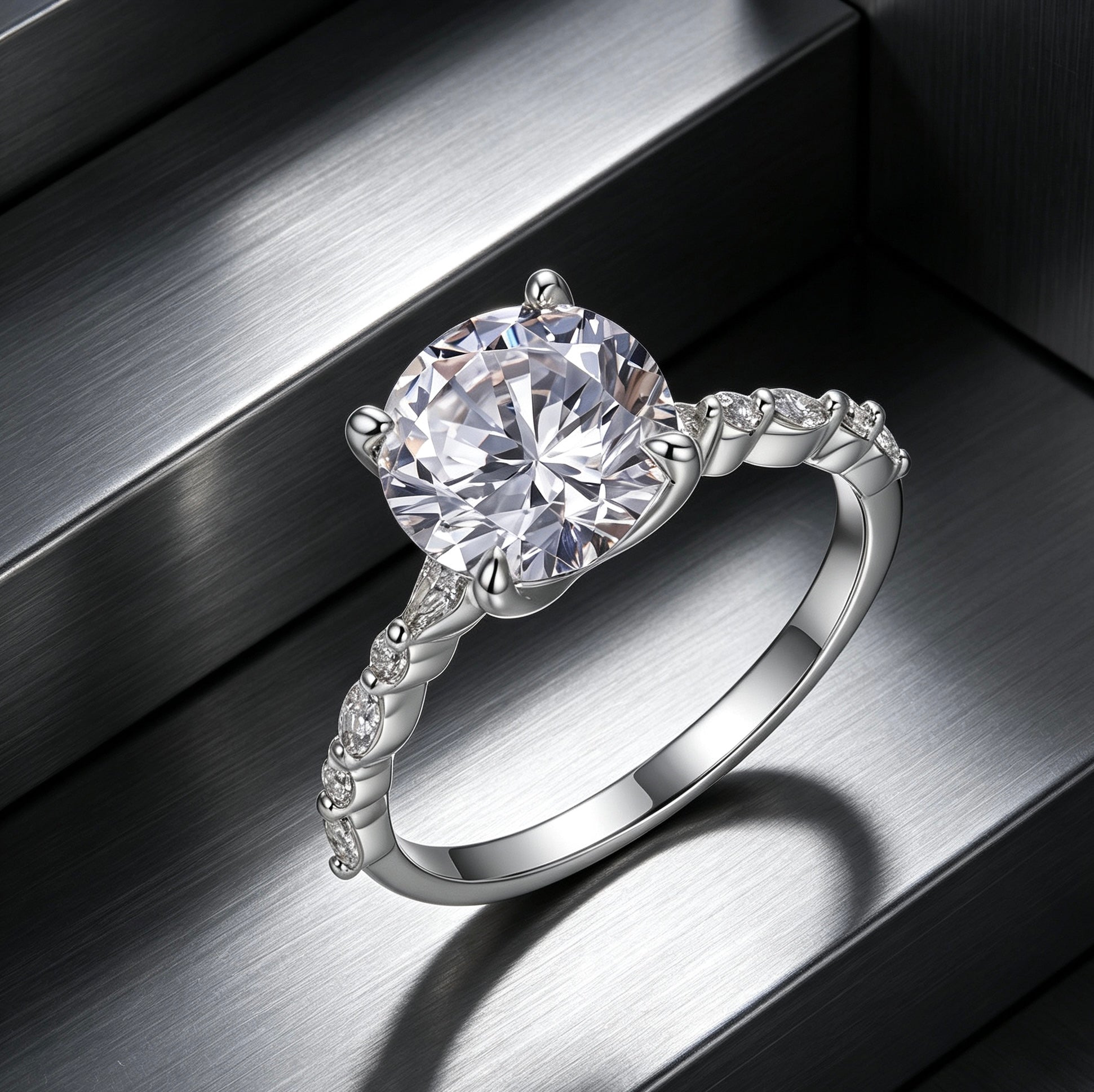 9mm round moissanite ring in S925 silver with marquise-cut accent stones on a tapered band.