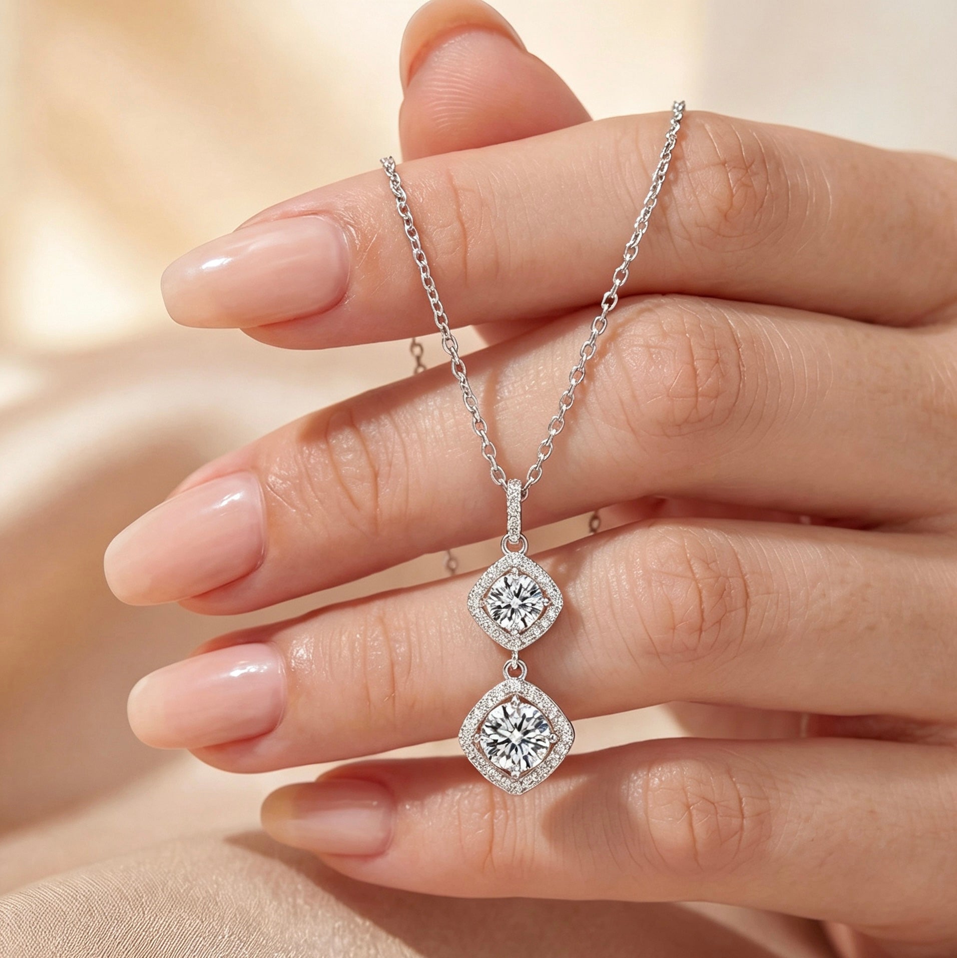 Luvymia double moissanite necklace with two diamond-halo pendants on a delicate silver chain held in a hand.
