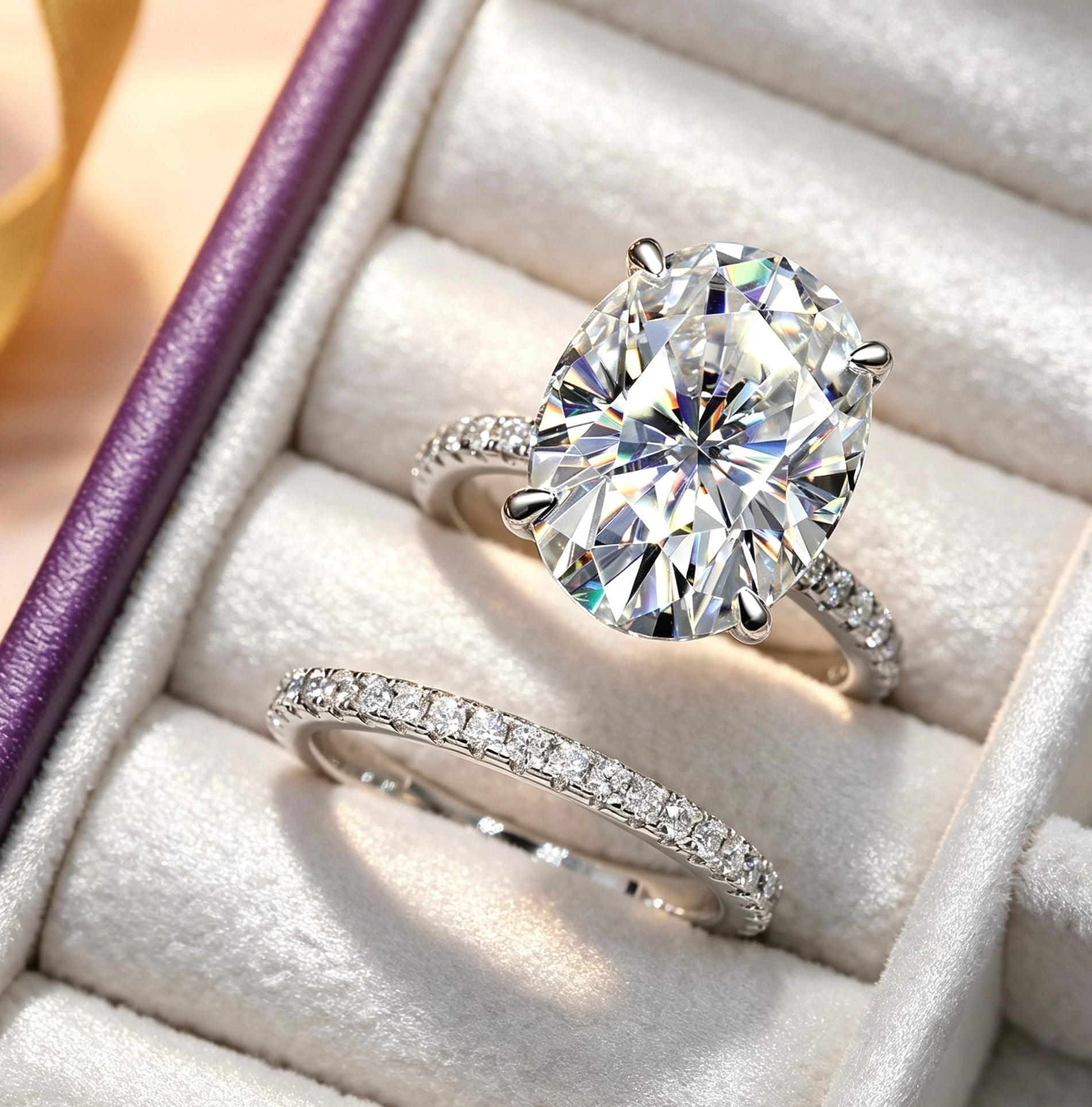 12x16mm oval moissanite engagement ring and pavé eternity band in S925 silver, displayed in a velvet jewelry box.