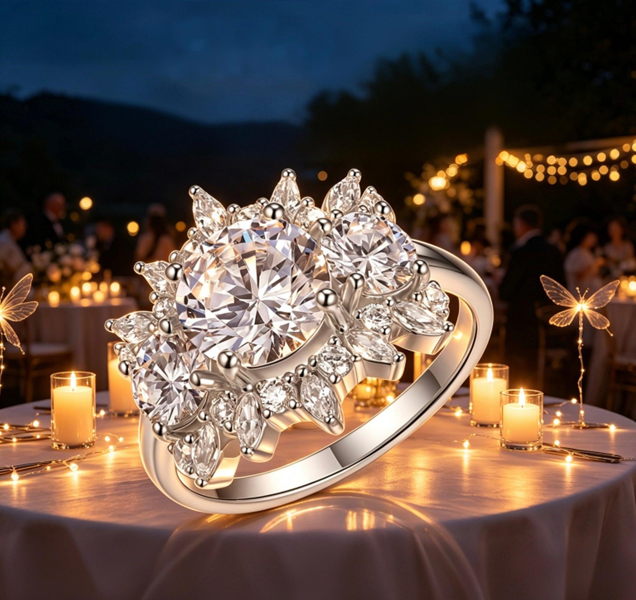 8mm round moissanite floral engagement ring with marquise-cut petal accents in polished S925 silver.