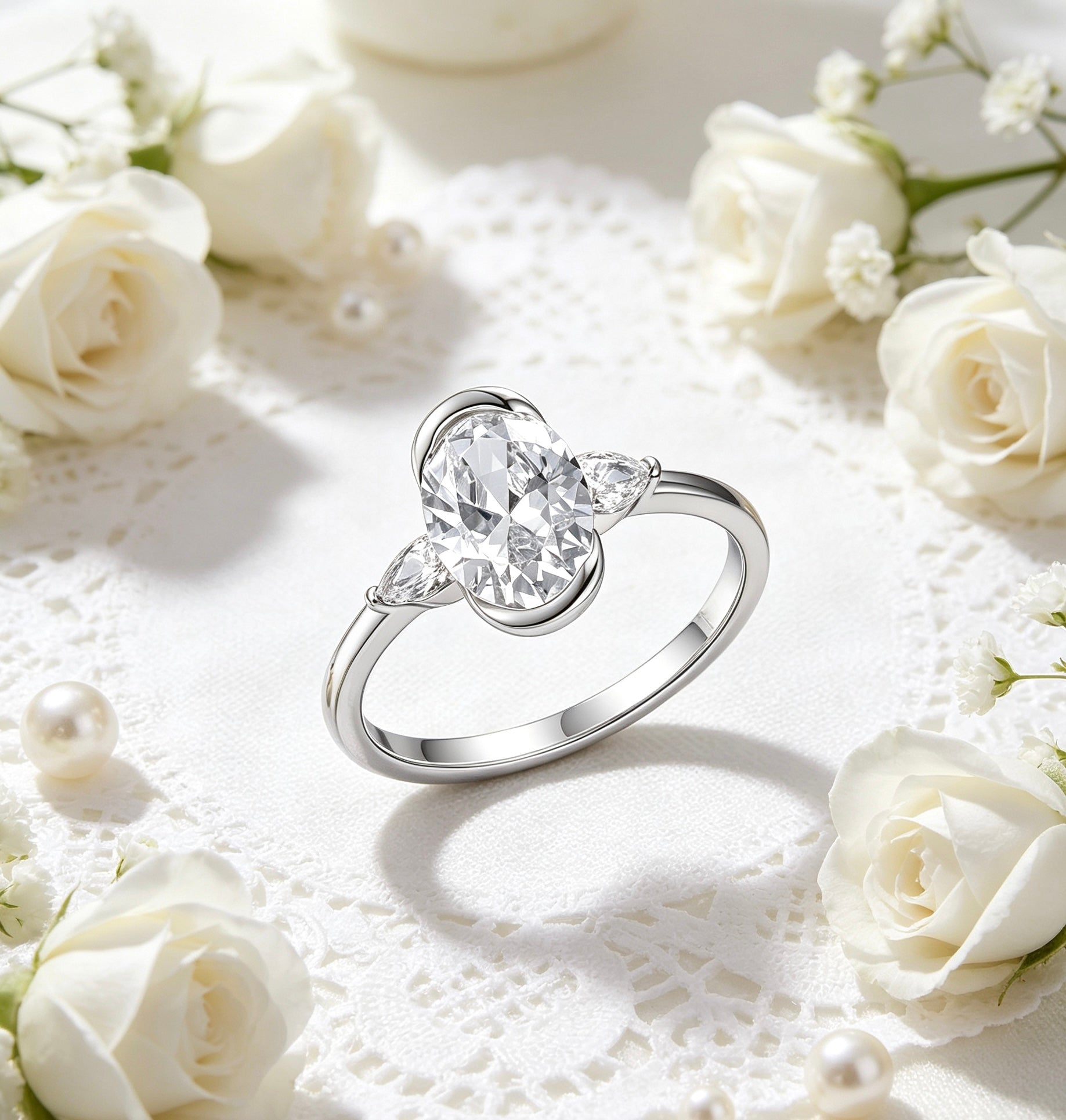 Three-stone oval moissanite ring in S925 silver with a half-bezel setting, surrounded by white roses and pearls.