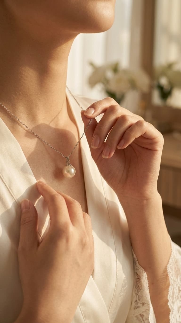 7mm round Hepu saltwater pearl pendant on a delicate 925 silver chain worn by a woman in a white robe.