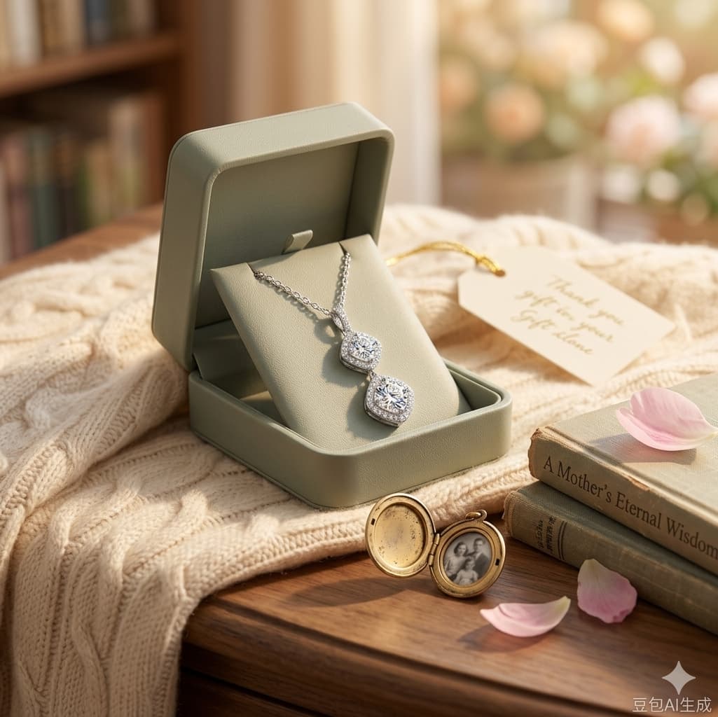 Luvymia double moissanite pendant necklace in a sage green gift box on a cozy knit blanket with a vintage locket.