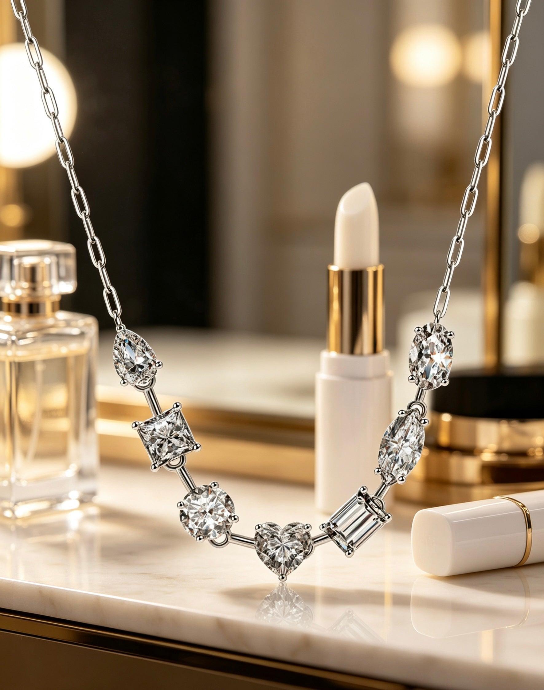 Luvymia sterling silver necklace featuring multi-shape D-color moissanite stones in a delicate link chain design.