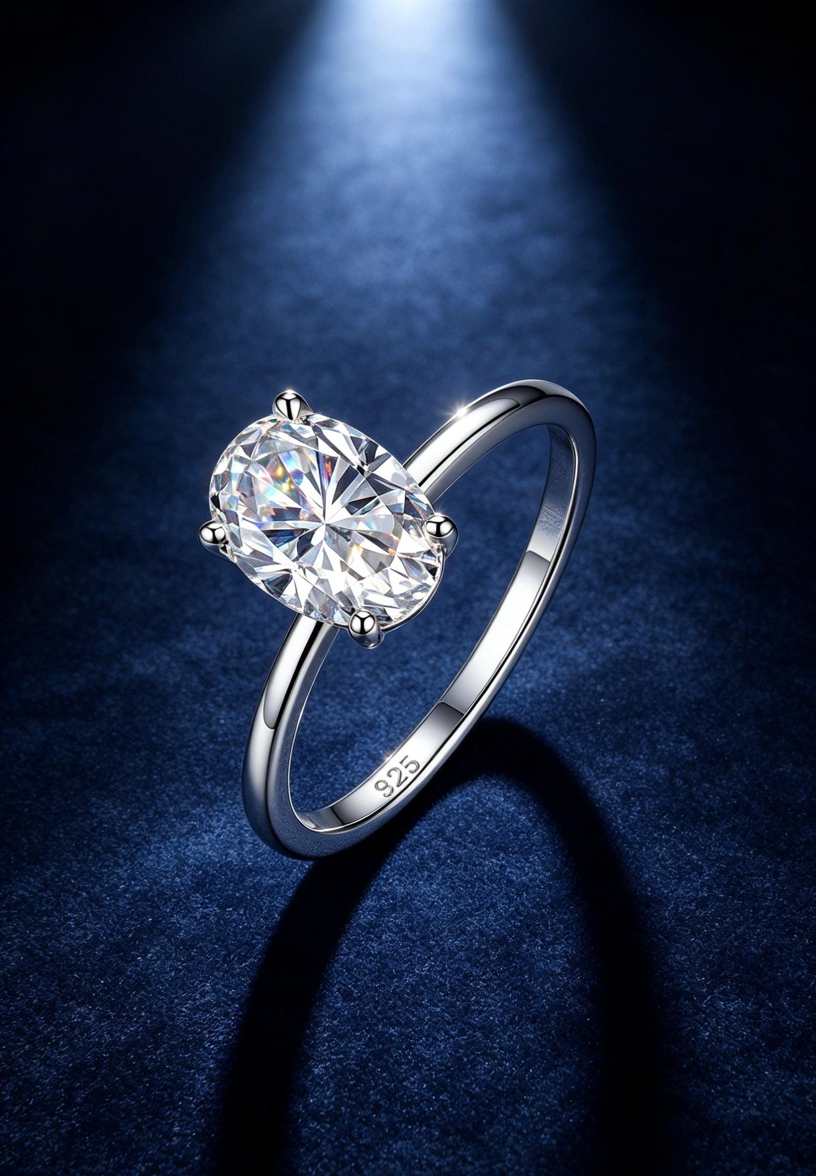 7x10mm oval moissanite solitaire ring in S925 silver with a classic four-prong setting on a dark blue velvet background.