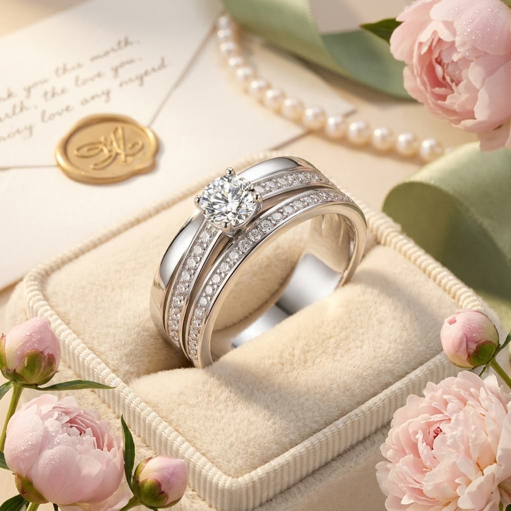 Men's S925 silver wedding ring with a 0.4ct moissanite center stone and double pavé rail bands in a velvet box.