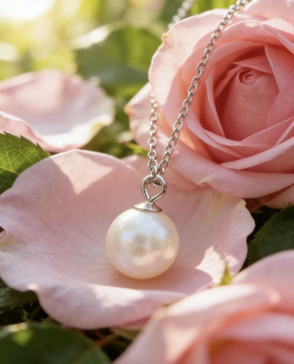 7mm round white Hepu saltwater pearl pendant on a delicate 925 silver chain resting on soft pink rose petals.