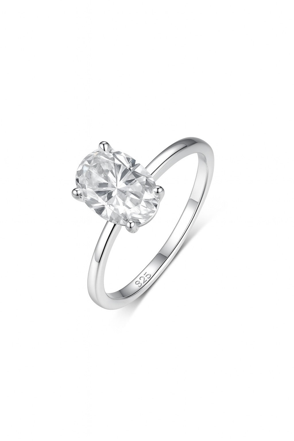 7x10mm oval moissanite solitaire ring in S925 silver with a classic four-prong setting on a plain polished band.