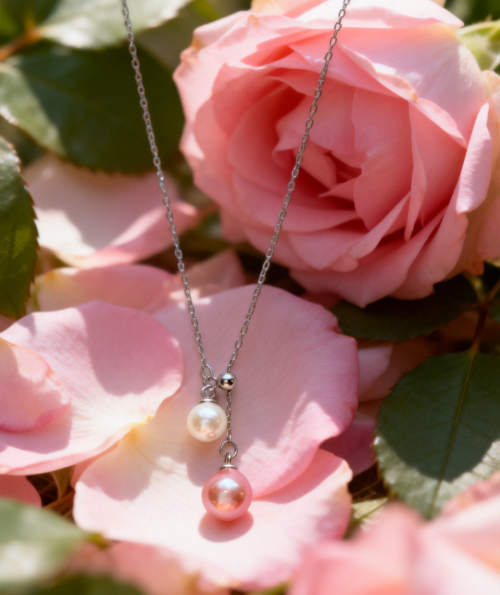 Double pearl pendant necklace with 6-7mm peach pink and 4-5mm white freshwater pearls on a 925 sterling silver chain.