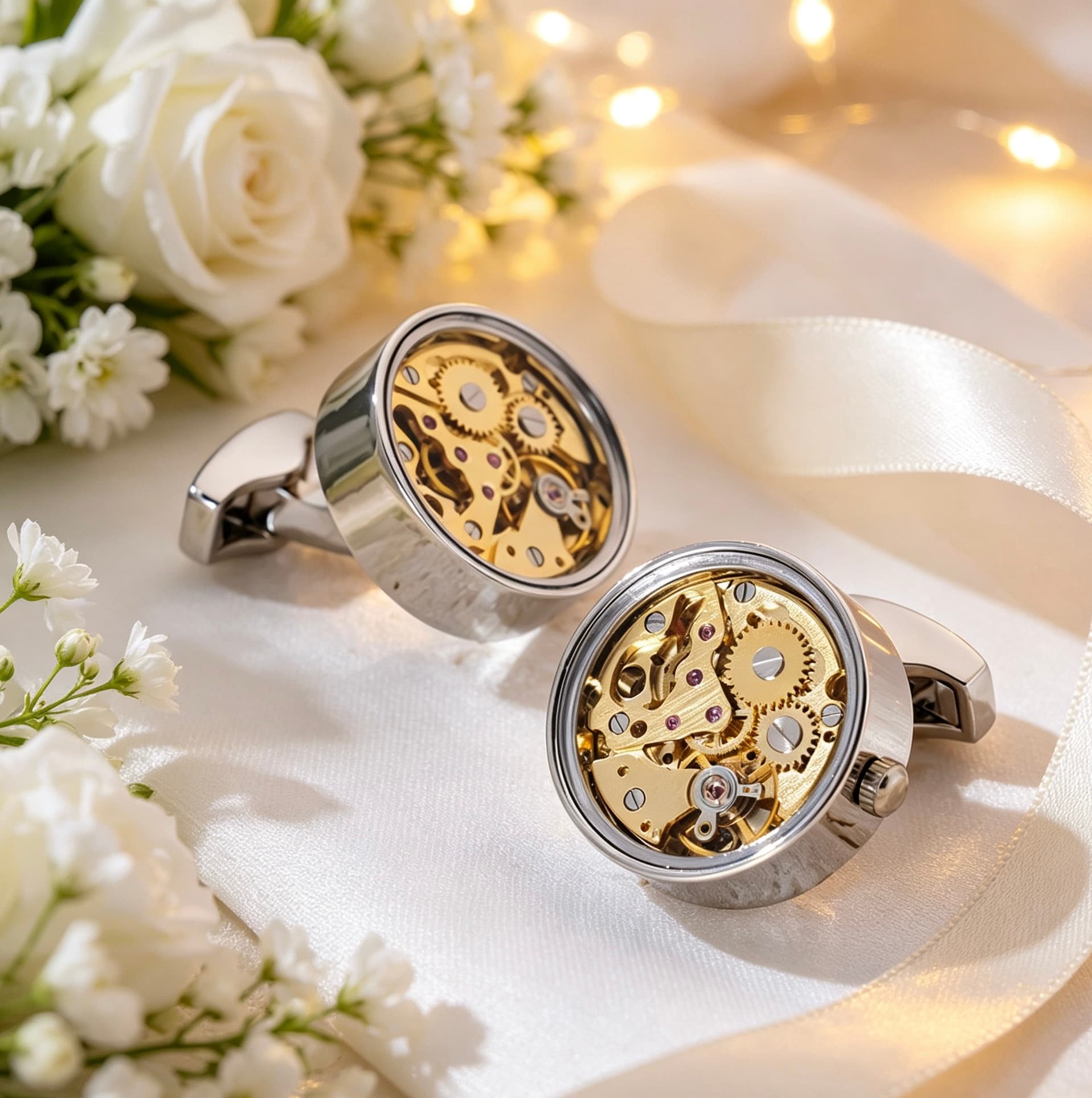 Brass skeleton movement cufflinks with visible gold gears and ruby bearings on a white wedding background.