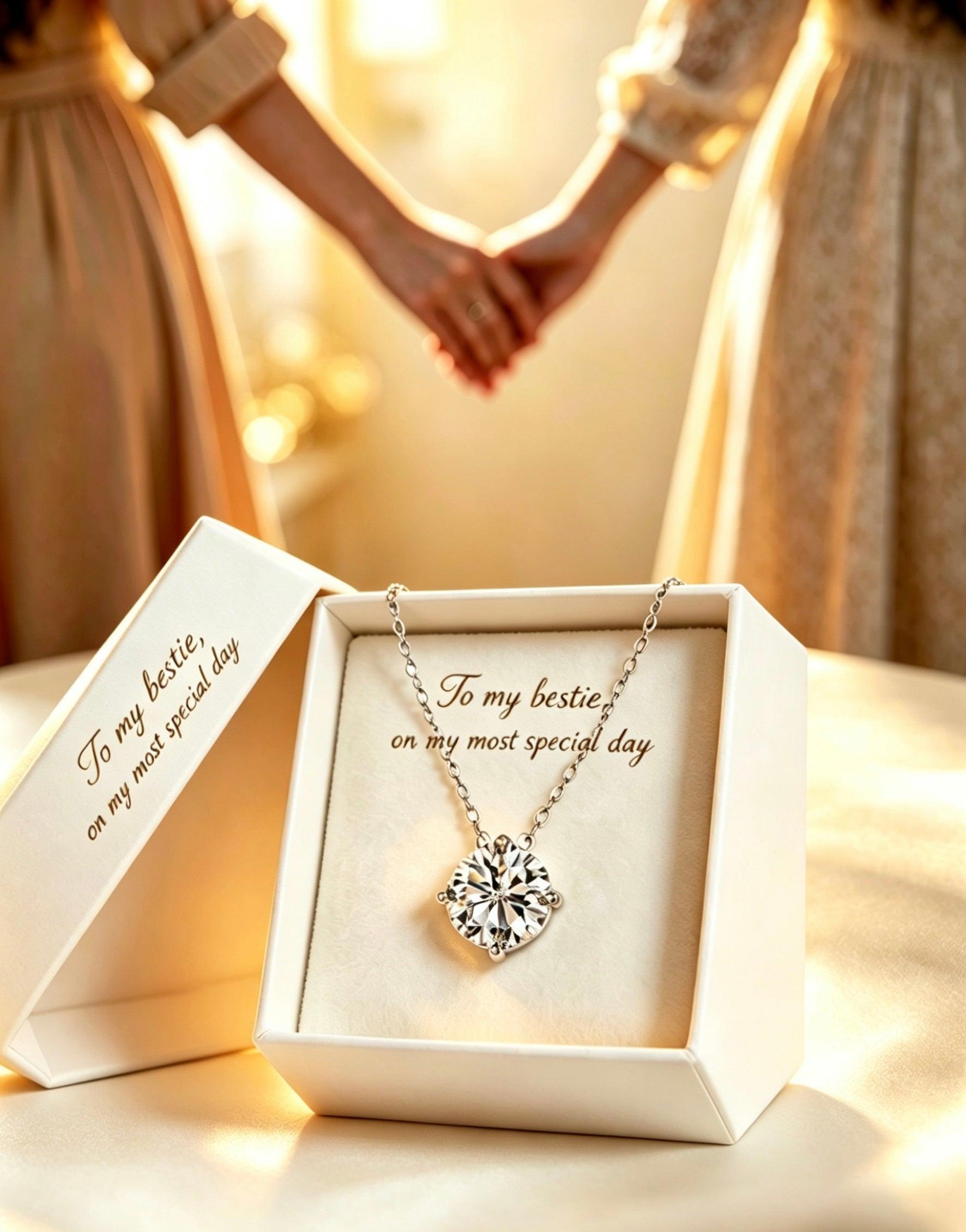 Luvymia Ariel moissanite necklace in a four-prong S925 silver setting, presented in a gift box with a bestie message.