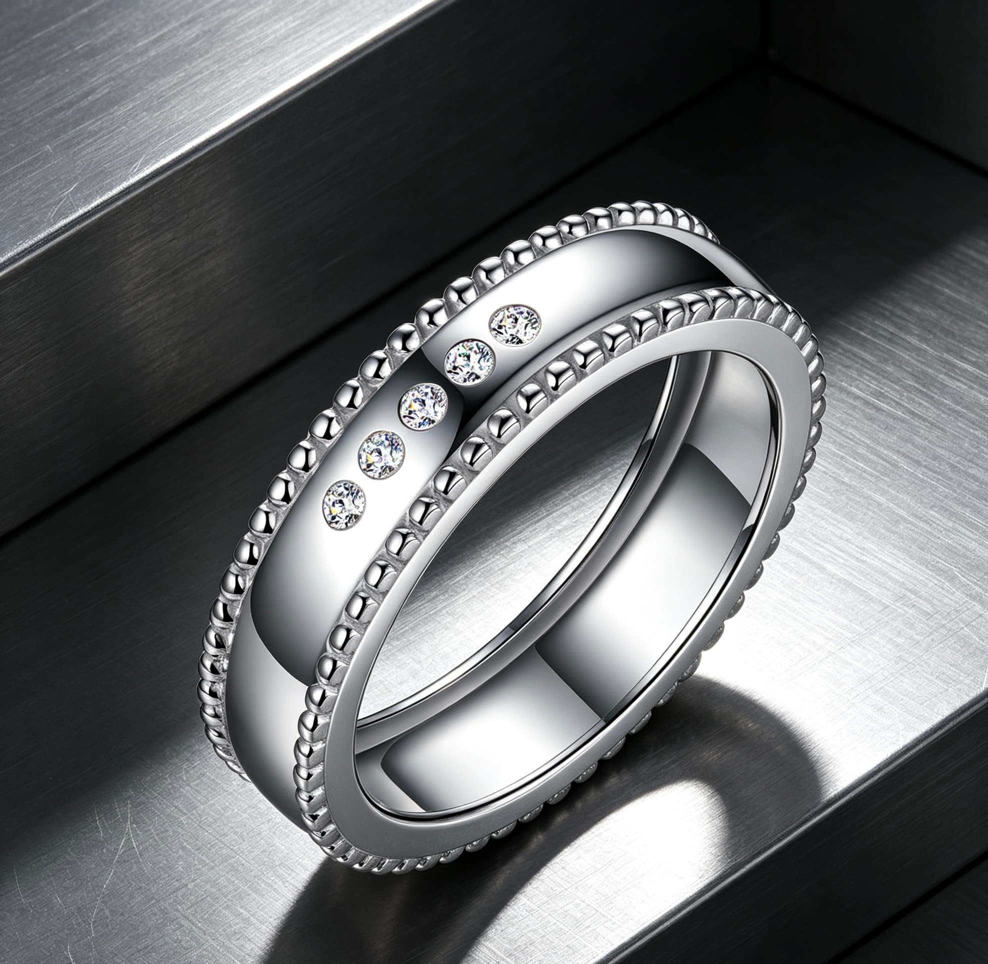 Wide sterling silver men's wedding band with beaded edges and five sparkling moissanite stones.