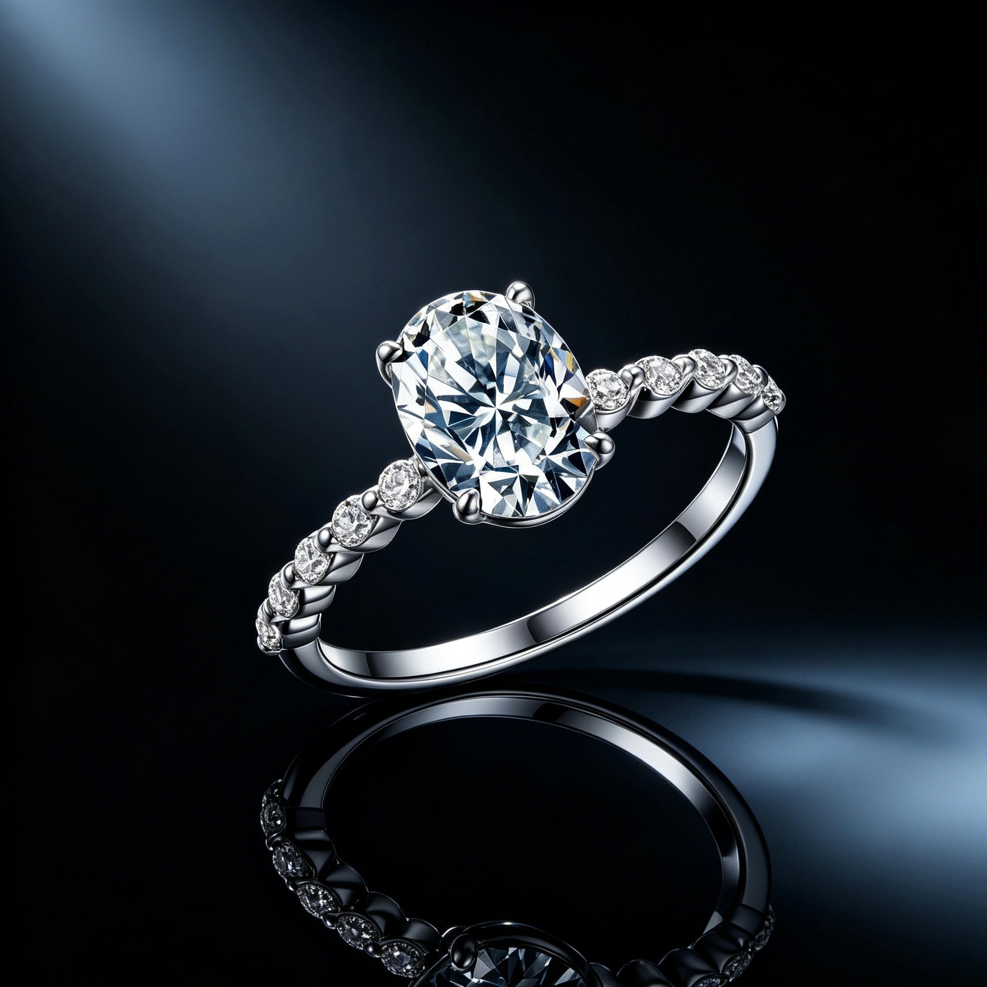 Oval moissanite engagement ring in S925 silver with a full eternity band of alternating marquise and round accents.