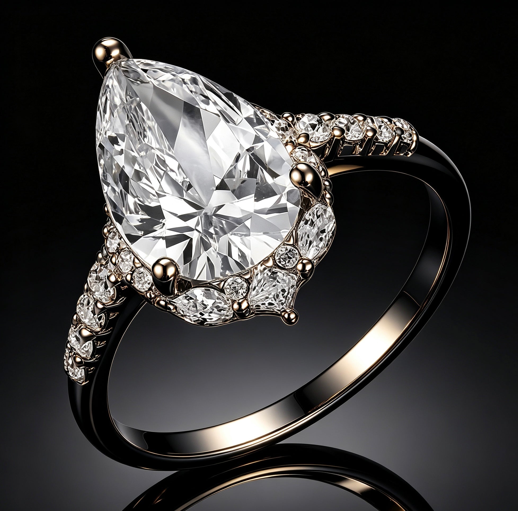 8x12mm pear-cut moissanite halo ring in S925 silver with marquise and pavé accents on a black background.