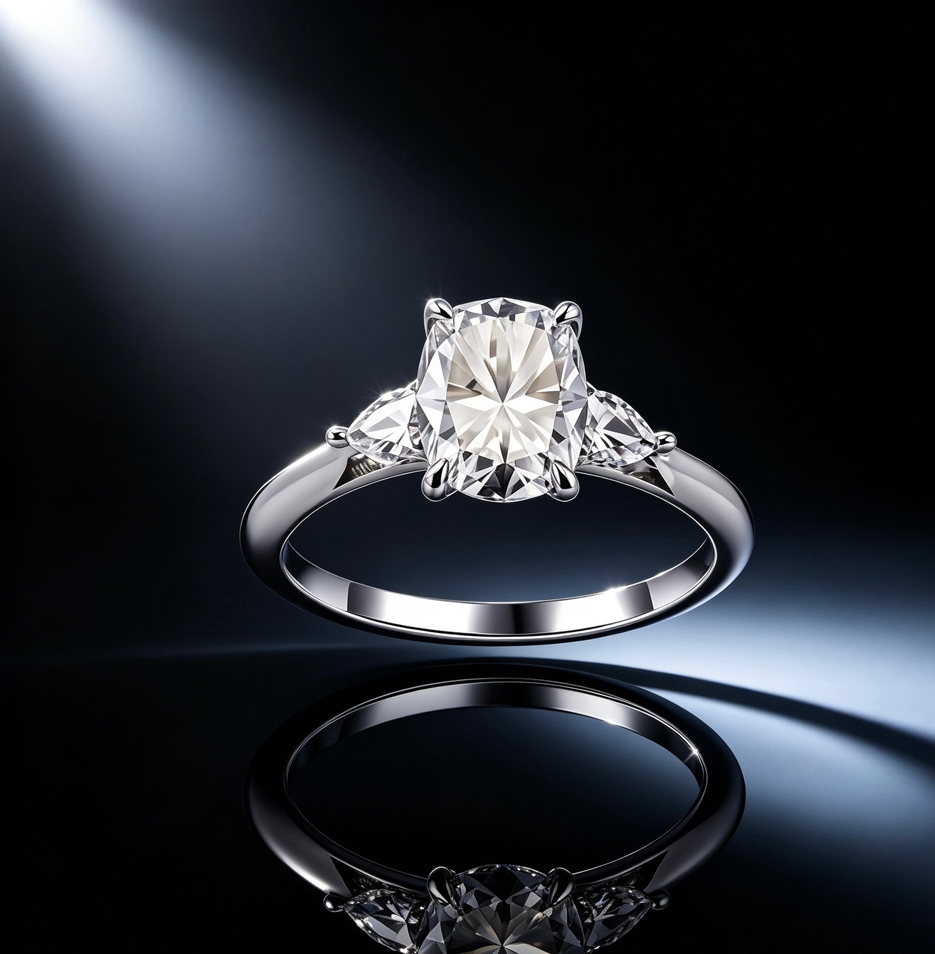 Cushion cut moissanite ring with pear side stones in a vintage-style sterling silver three-stone setting.