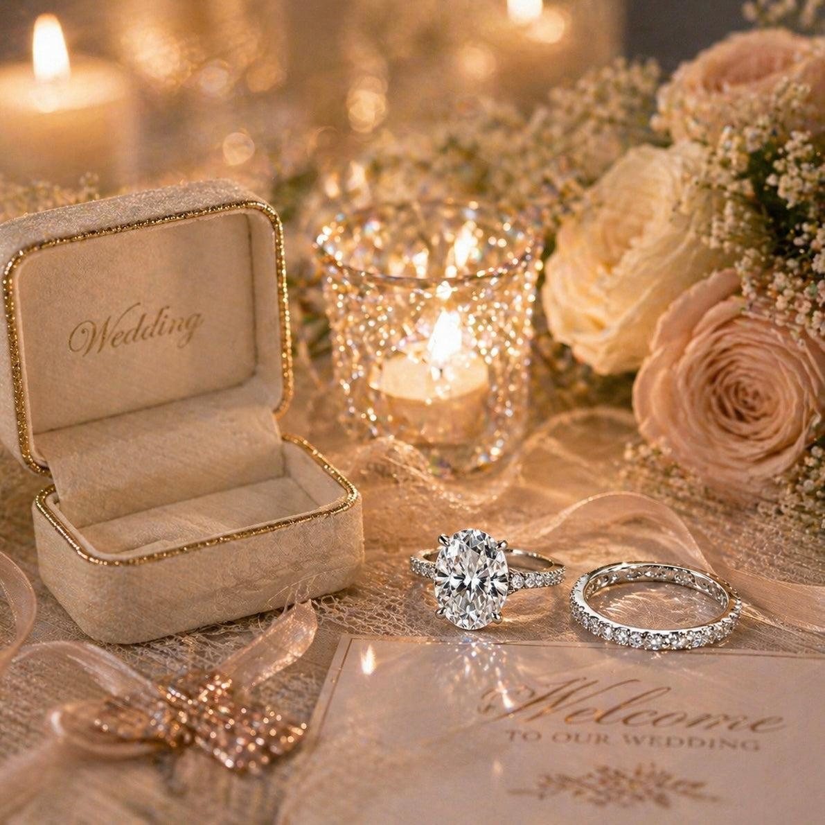12x16mm oval moissanite engagement ring and pavé eternity band in S925 silver, displayed with a wedding box and candles.