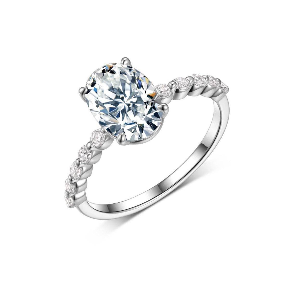 Oval moissanite engagement ring in S925 silver with a 7x10mm center stone and a sparkling round accent eternity band.