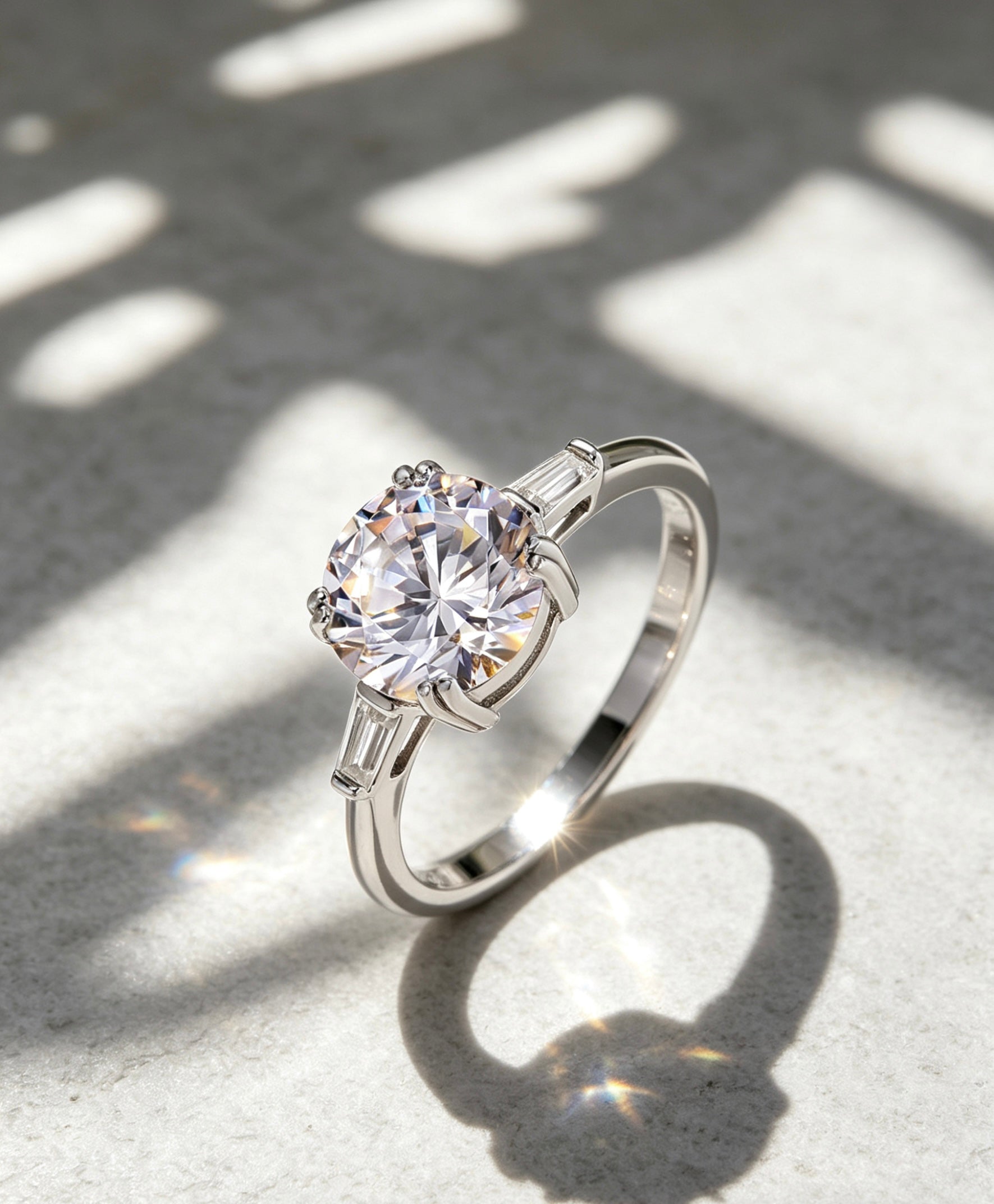 Six-prong round moissanite engagement ring in S925 silver with tapered baguette side stones on a textured surface.