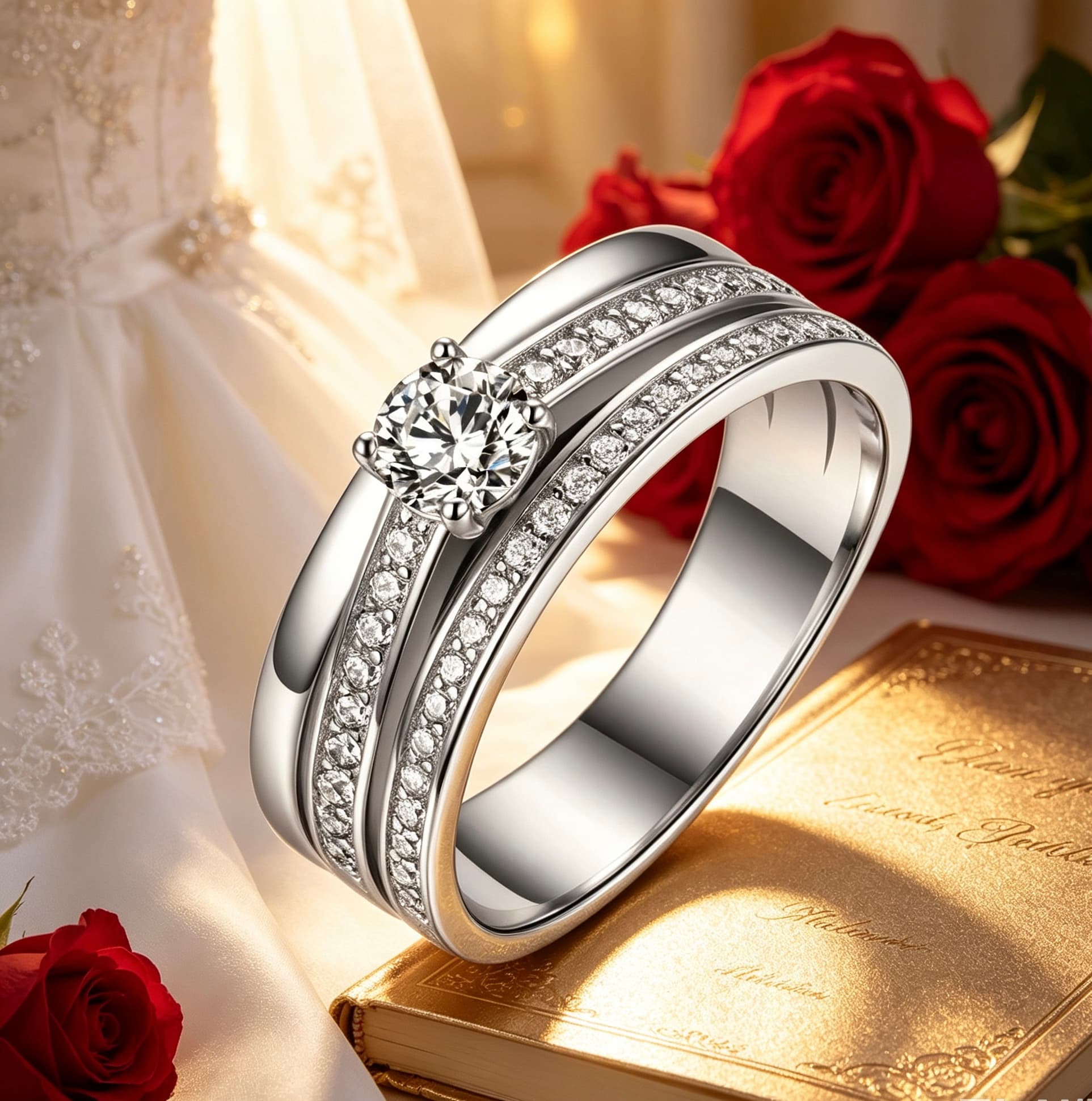 Men's S925 silver wedding ring featuring a 0.4ct moissanite center stone and double pavé rail accents.