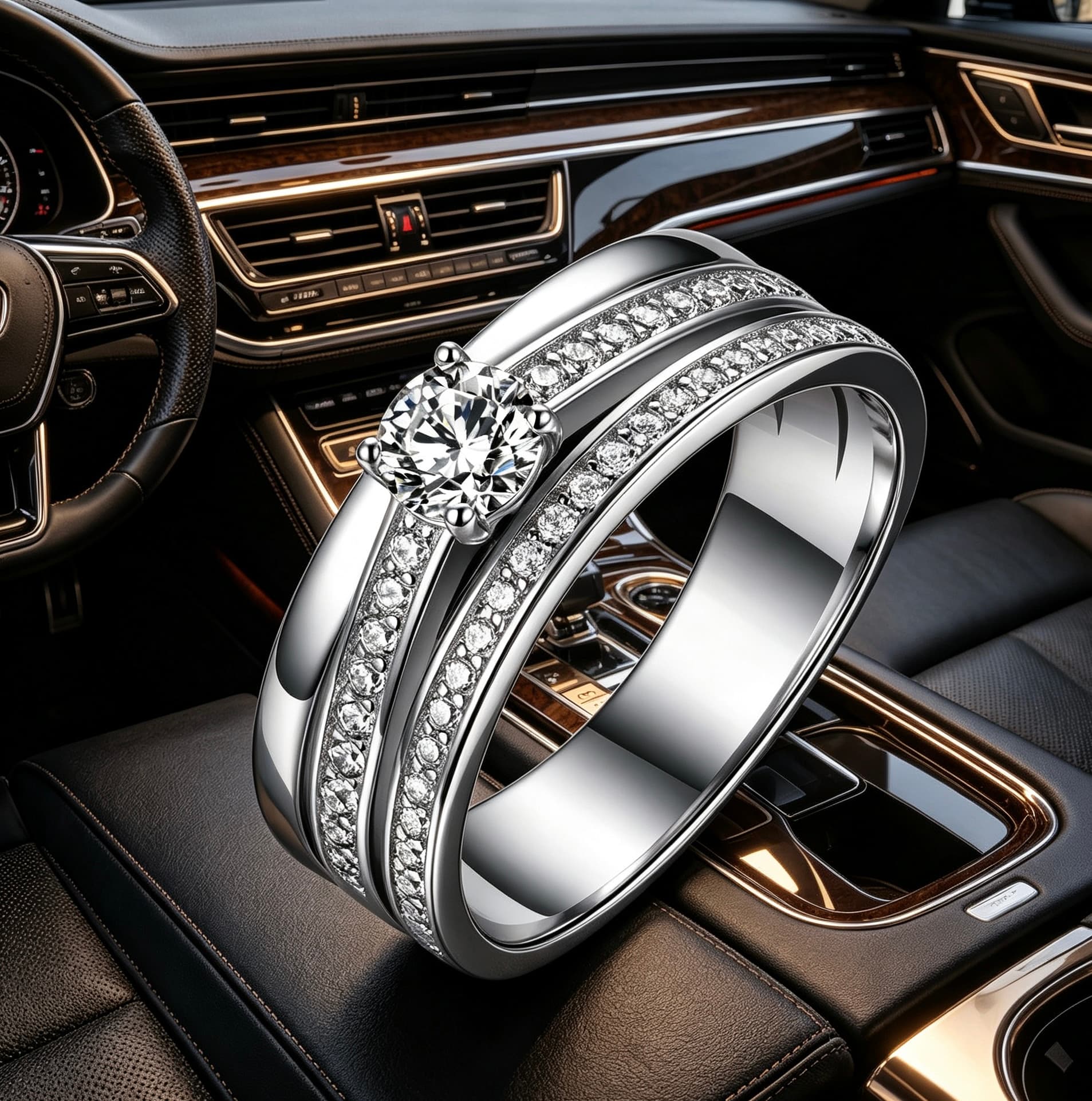 Men's S925 silver wedding ring featuring a 0.4ct moissanite center stone and double pavé rails on a wide, polished band.