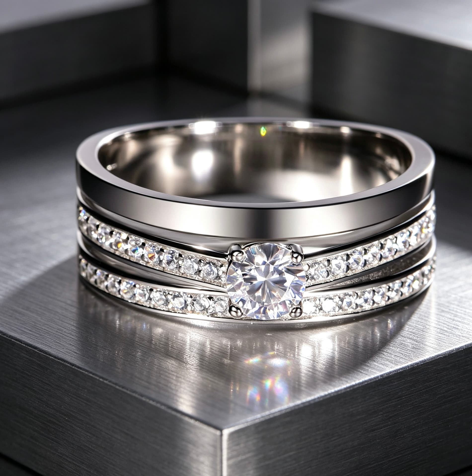 Men's S925 silver wedding ring featuring a 0.4ct moissanite center stone and double pavé moissanite rails on a wide band.