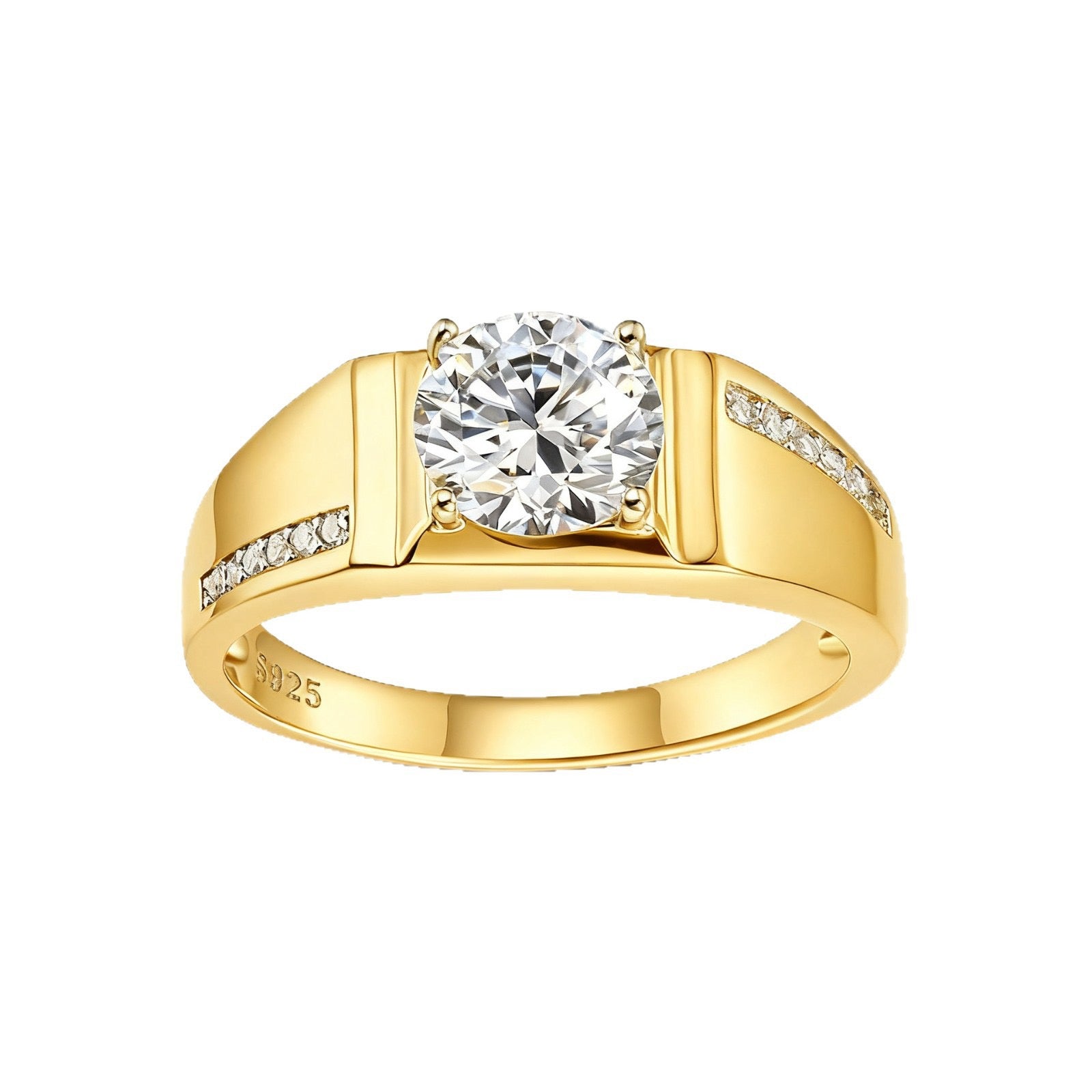 Gold-plated S925 silver men's wedding ring with a 1ct round moissanite center stone and pavé accent stones.