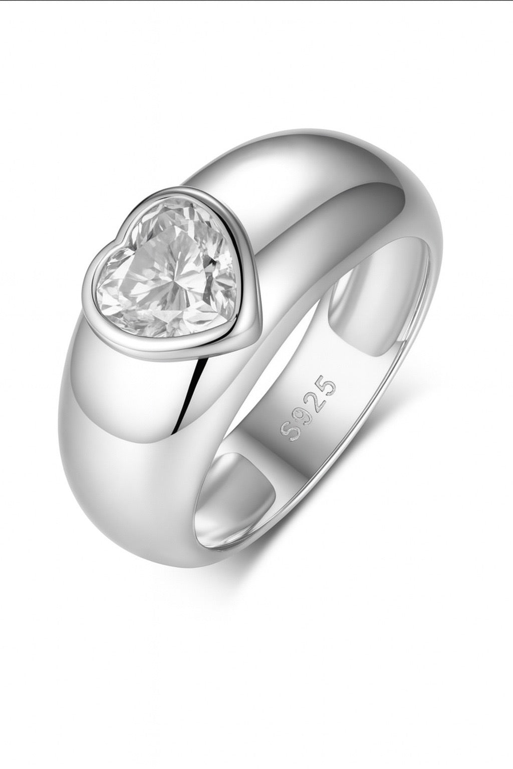1.2ct heart-cut moissanite ring in a polished S925 silver dome band with a modern bezel setting.