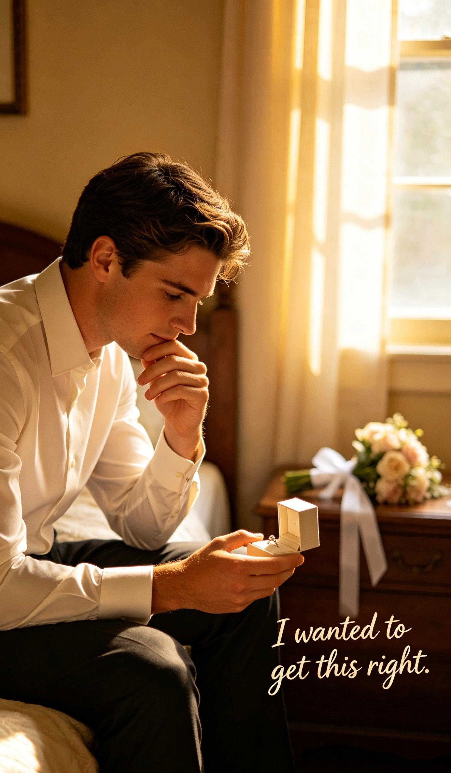 Groom holding a D-color moissanite necklace in a gift box, featuring multi-shape stones set in sterling silver.