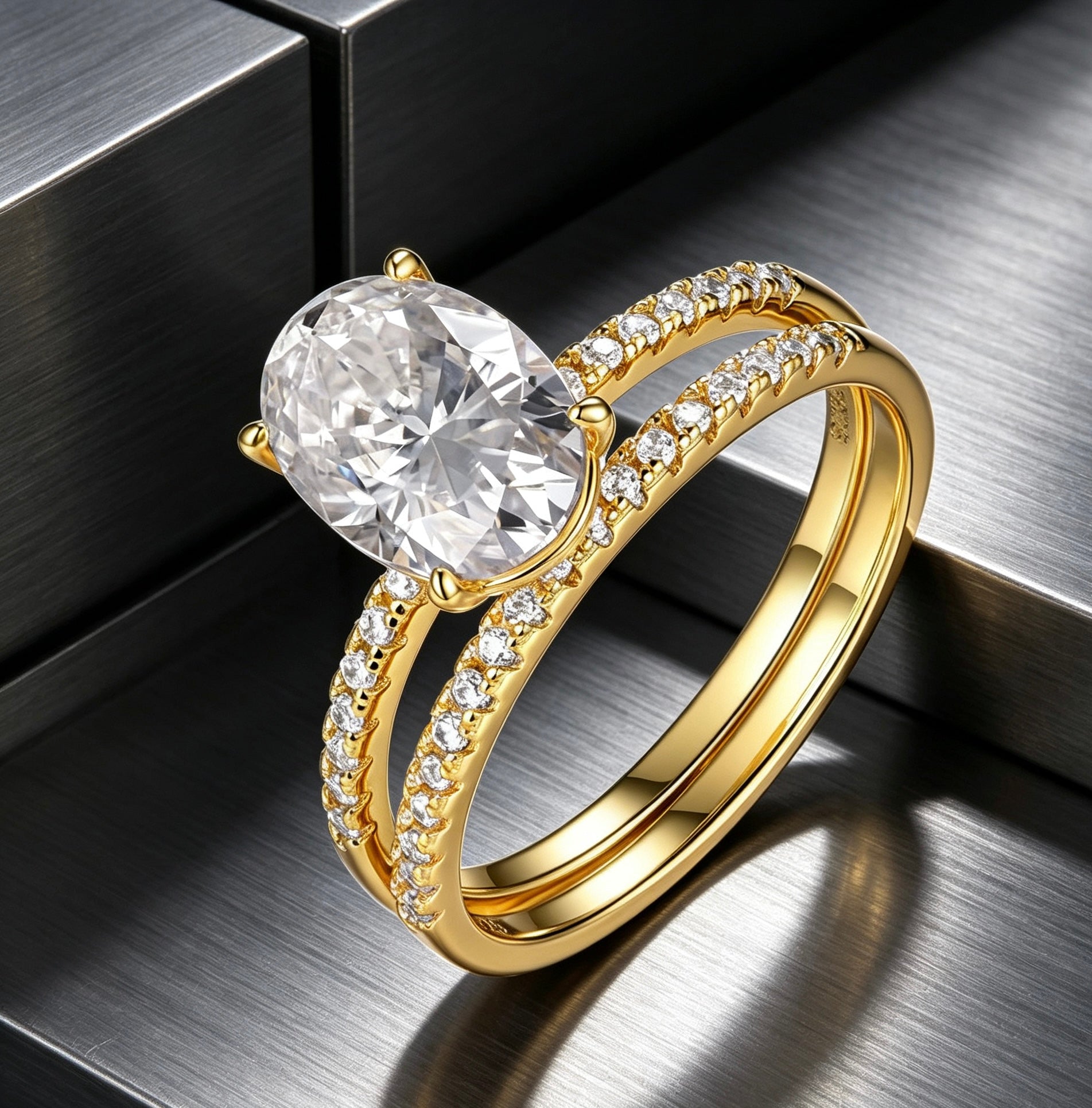 Oval moissanite solitaire engagement ring set in gold-plated S925 silver with a matching pavé band.