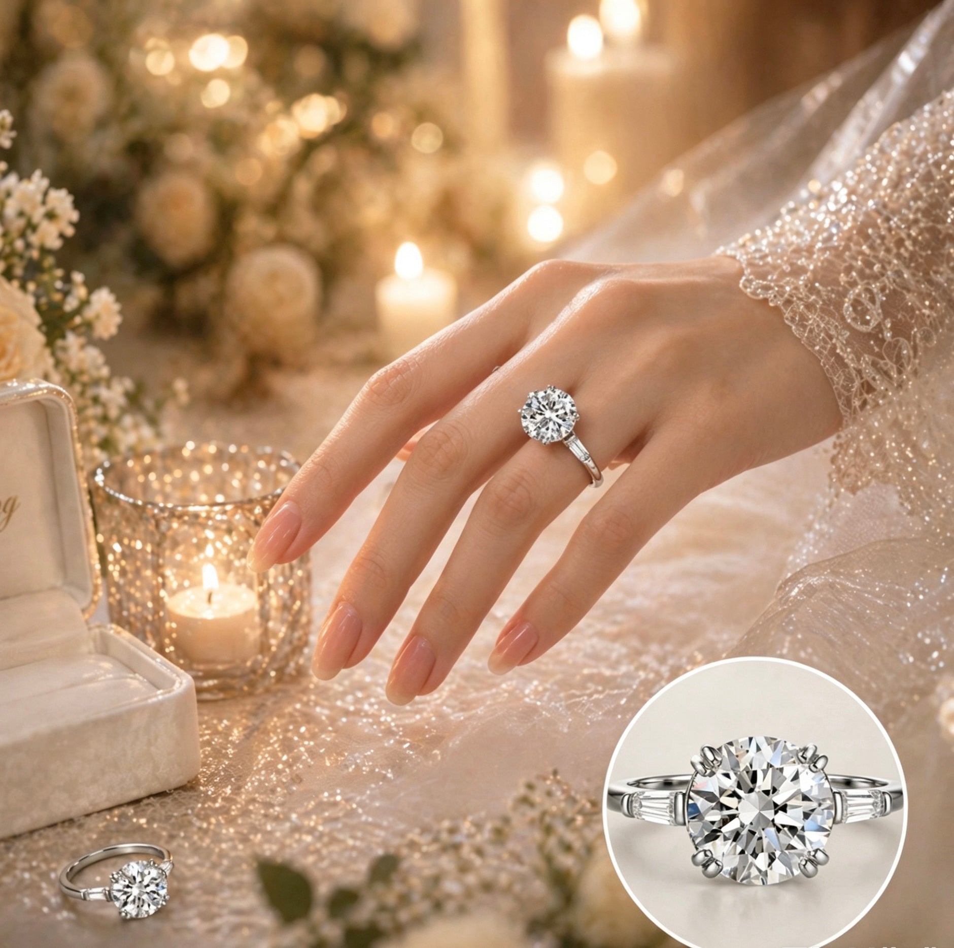 Six-prong round moissanite engagement ring in S925 silver with tapered baguette accents worn on a hand.