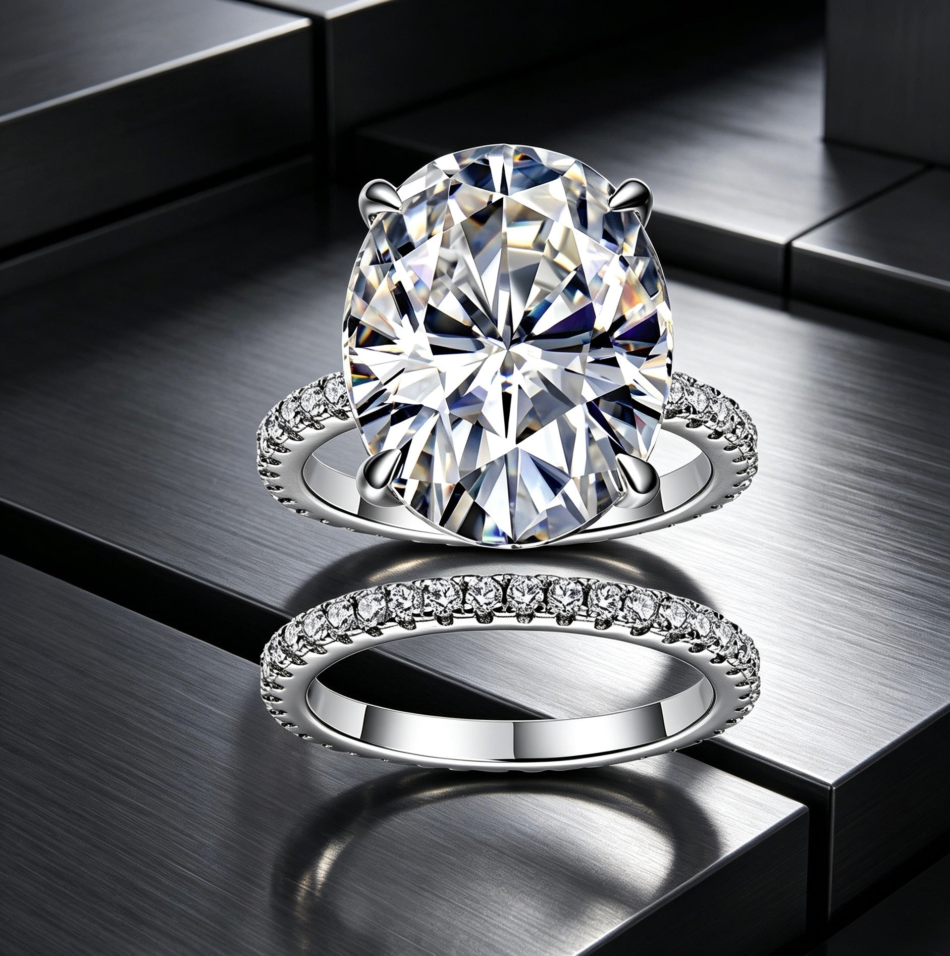 12x16mm oval moissanite engagement ring and pavé eternity band in S925 silver on a metallic surface.