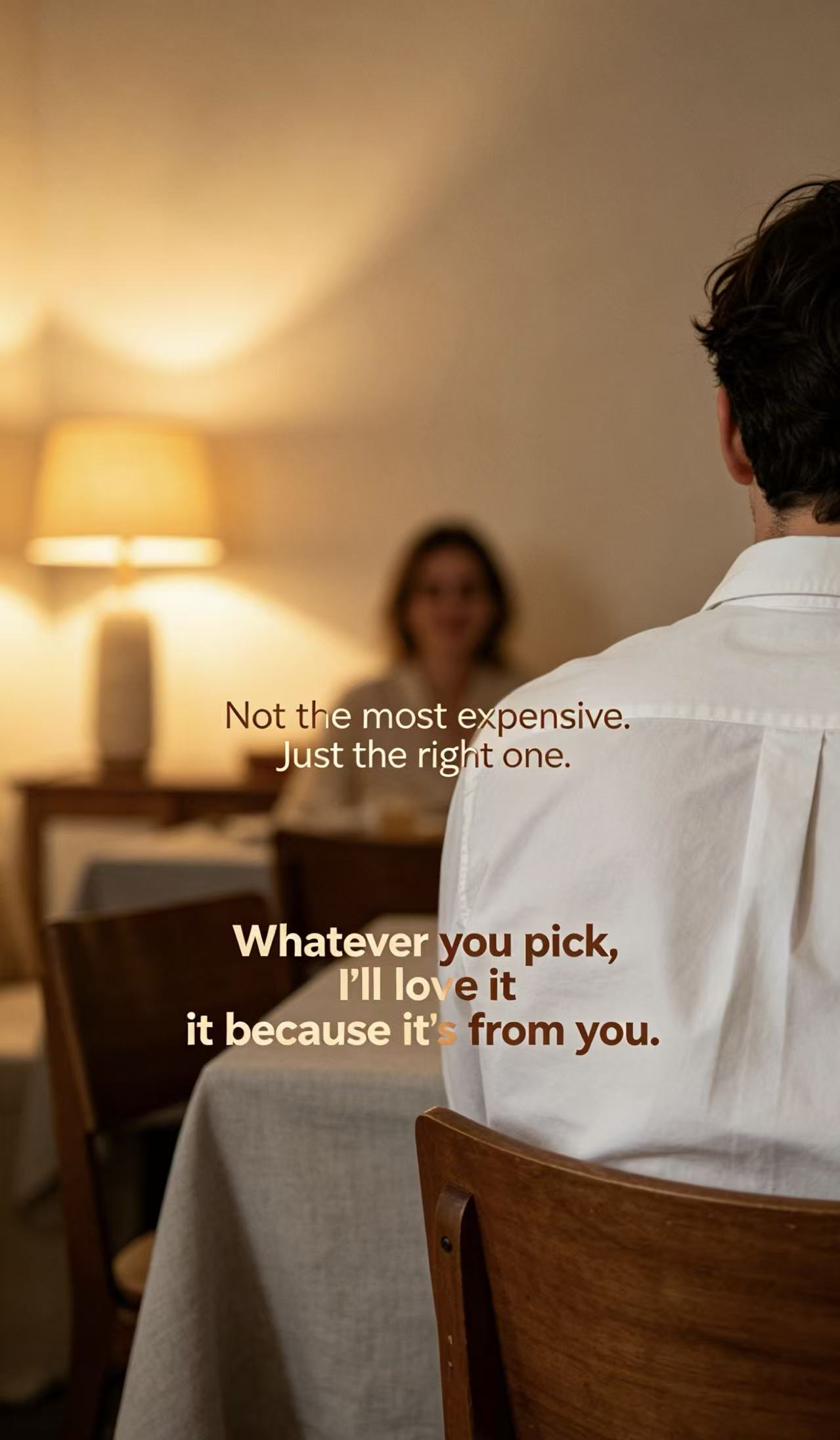 A couple dining together with text overlay promoting the Three Lives marquise moissanite engagement ring.