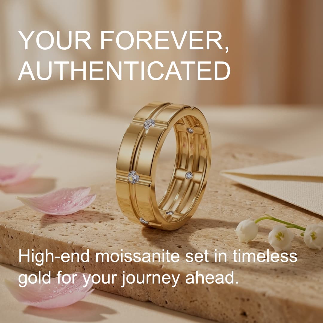 Wide gold wedding band with a geometric grid pattern and seven flush-set moissanite stones on a textured stone surface.