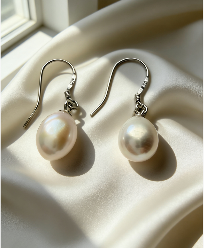 Baroque freshwater pearl drop earrings on 925 sterling silver hooks resting on cream silk fabric.