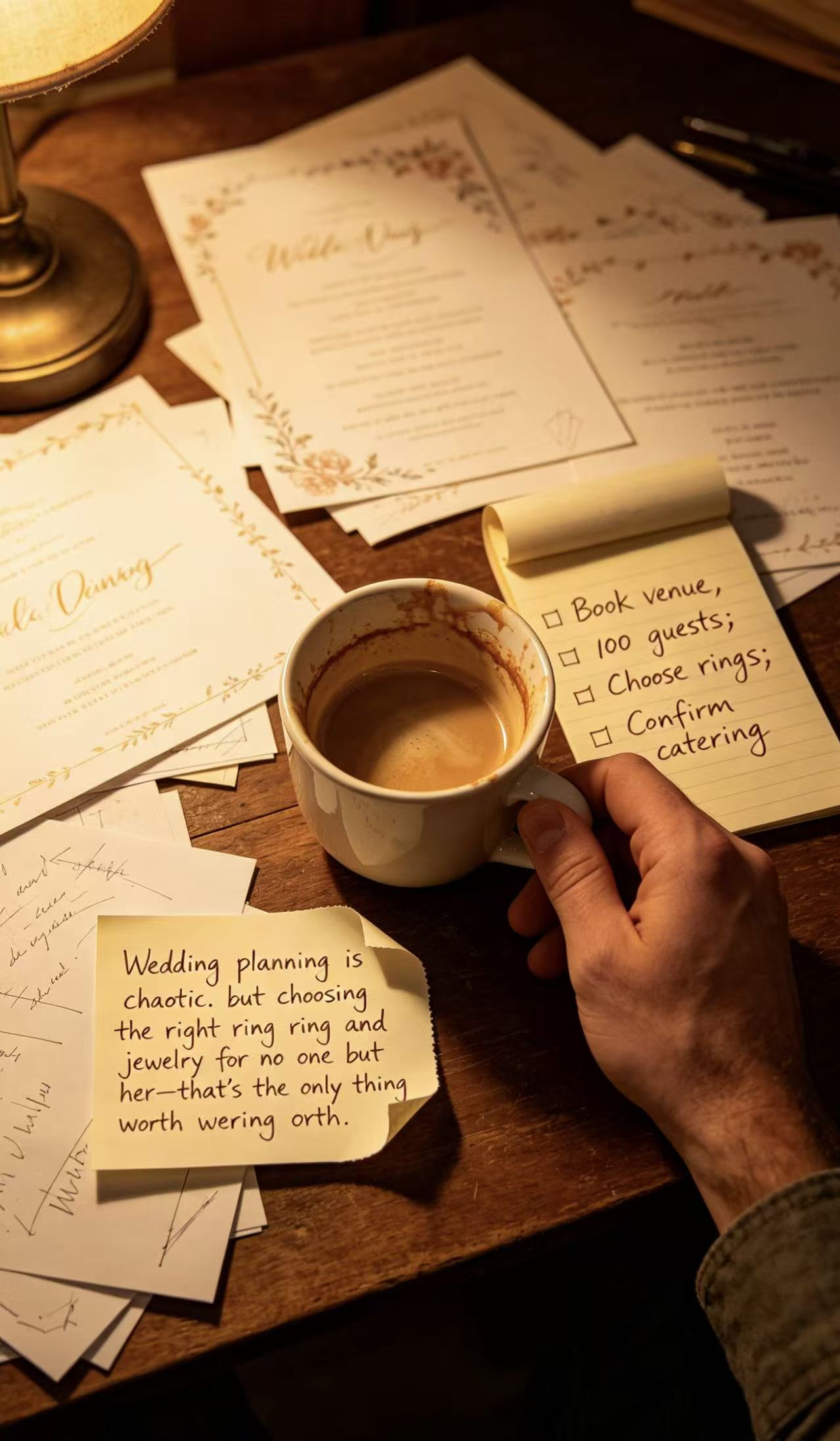 Hand holding a coffee cup over wedding planning notes and a 3-carat marquise moissanite trinity ring on a wooden desk.