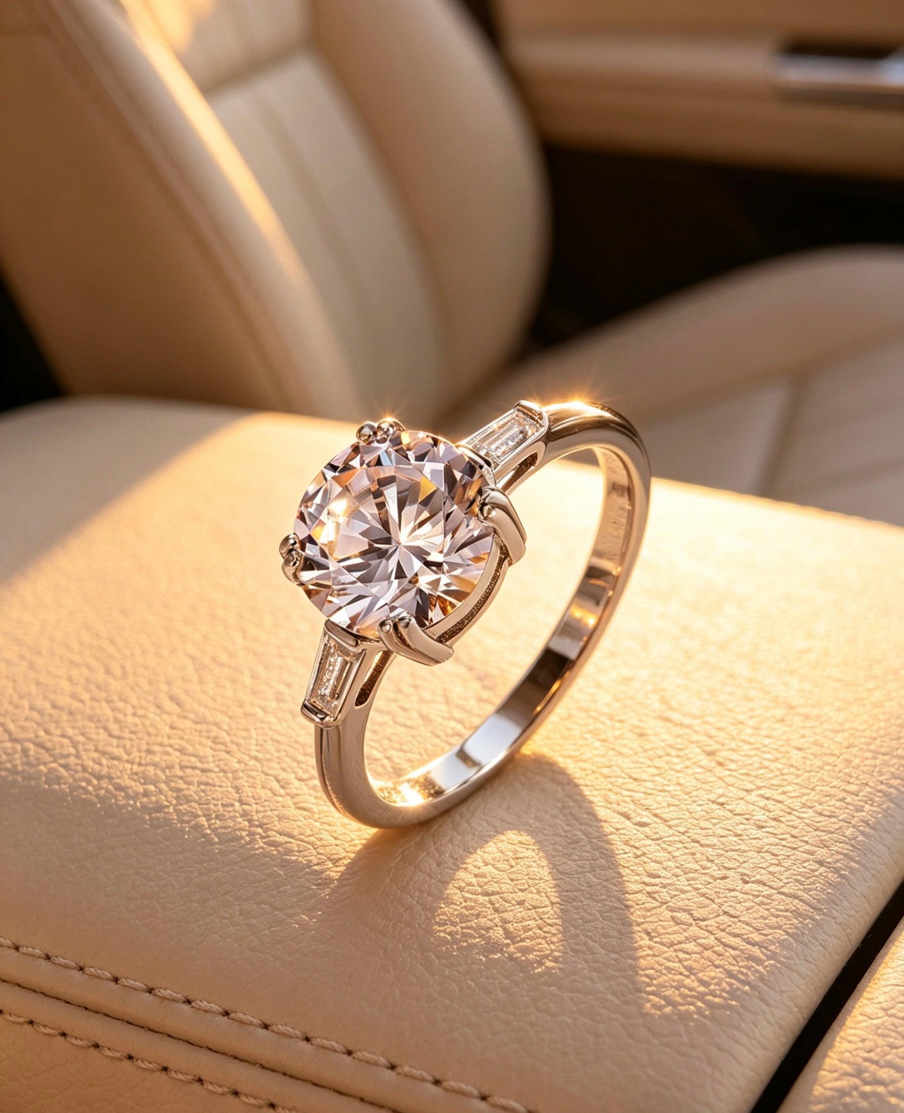 Six-prong round moissanite engagement ring in S925 silver with tapered baguette side stones, glowing in warm sunlight.