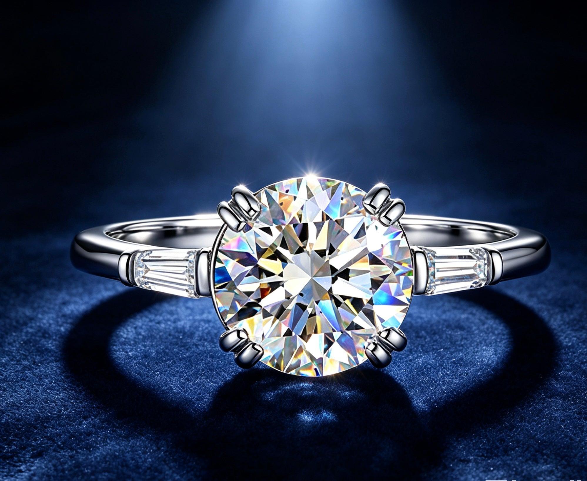 Six-prong round moissanite engagement ring with tapered baguette accents set in polished S925 silver on a dark blue background.