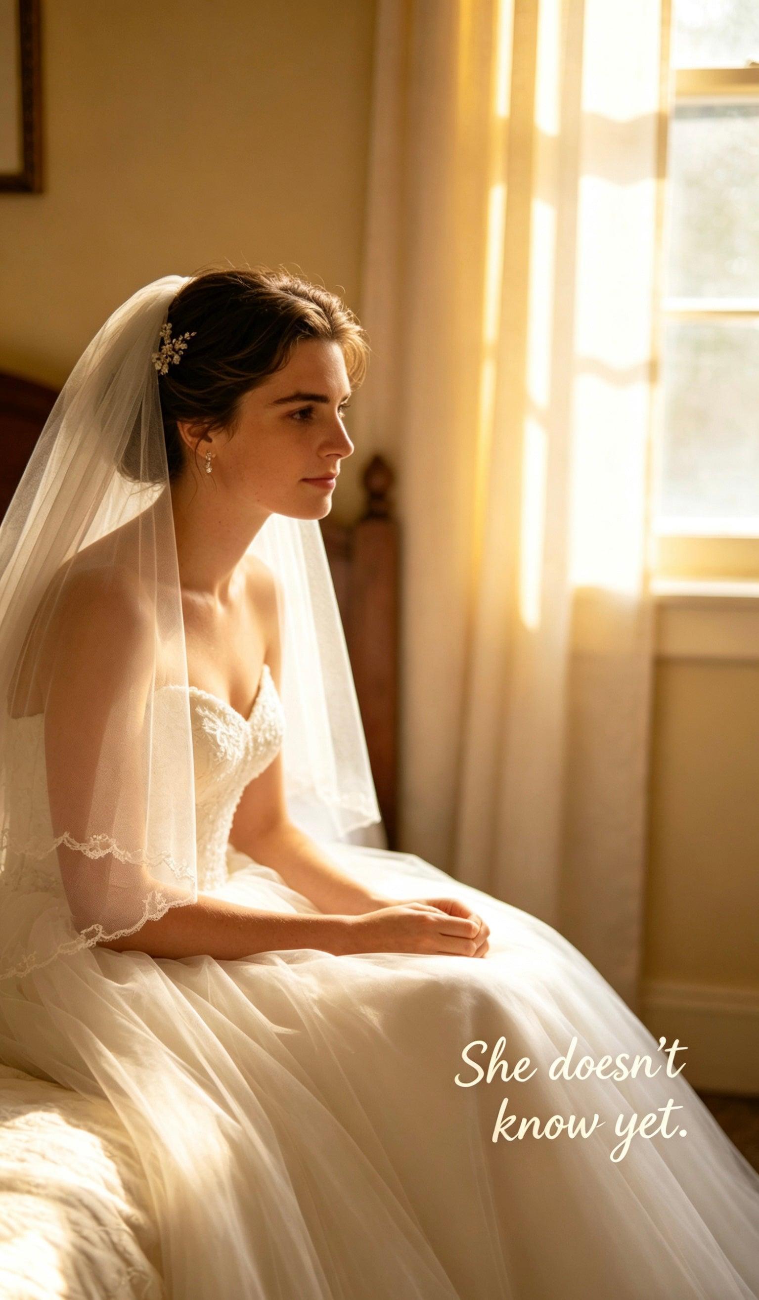 Bride in a white wedding dress wearing a sparkling multi-shape moissanite necklace in sterling silver.