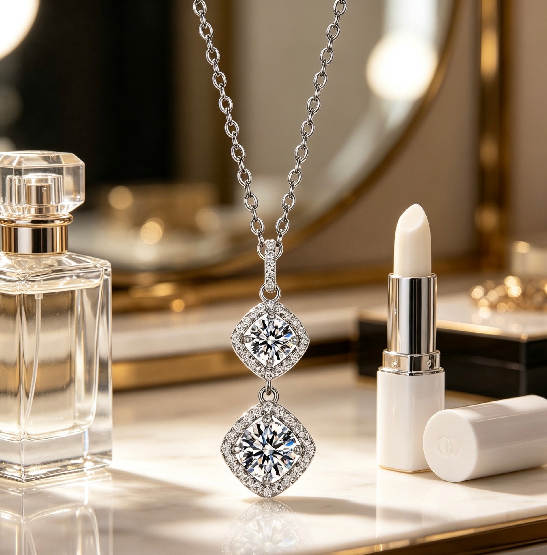 Luvymia double moissanite pendant necklace featuring two square-cut stones in a silver setting on a delicate chain.