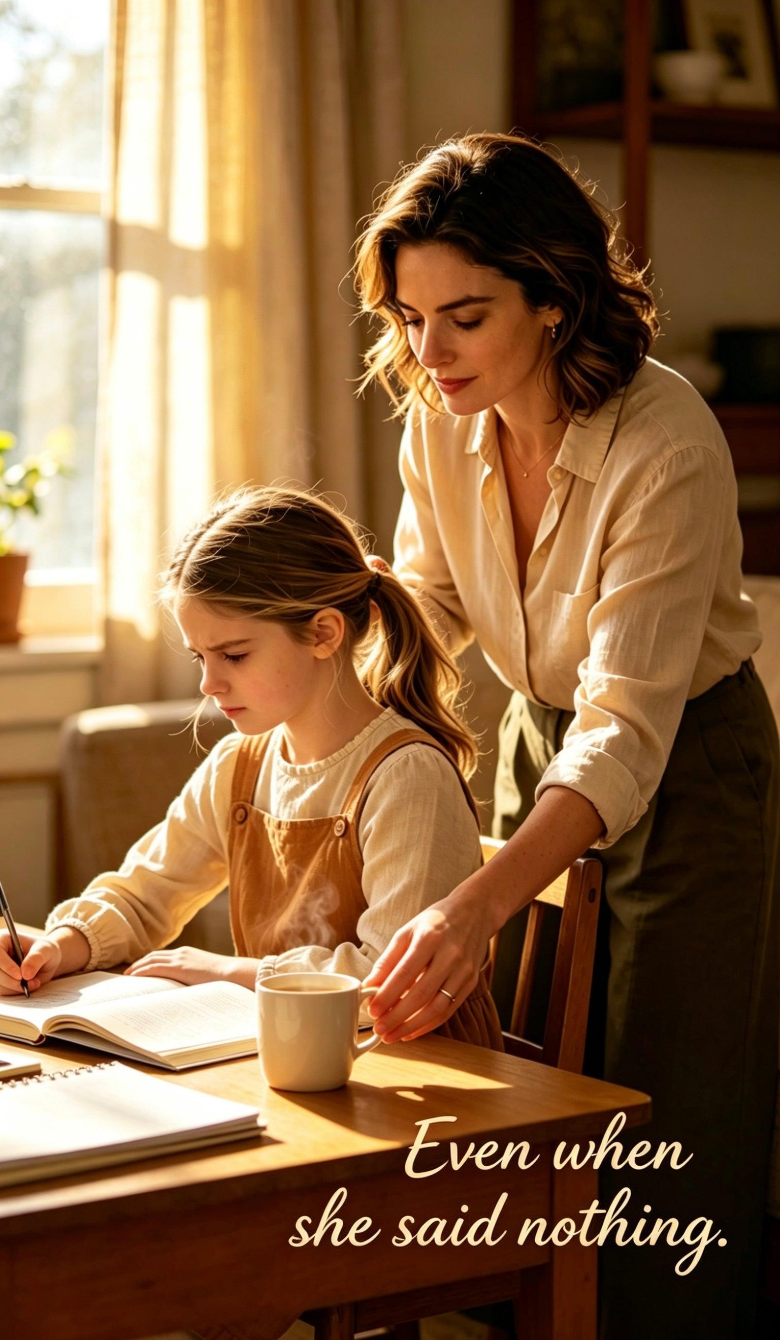 Mother wearing a delicate double moissanite necklace while helping her daughter with schoolwork at a sunlit table.