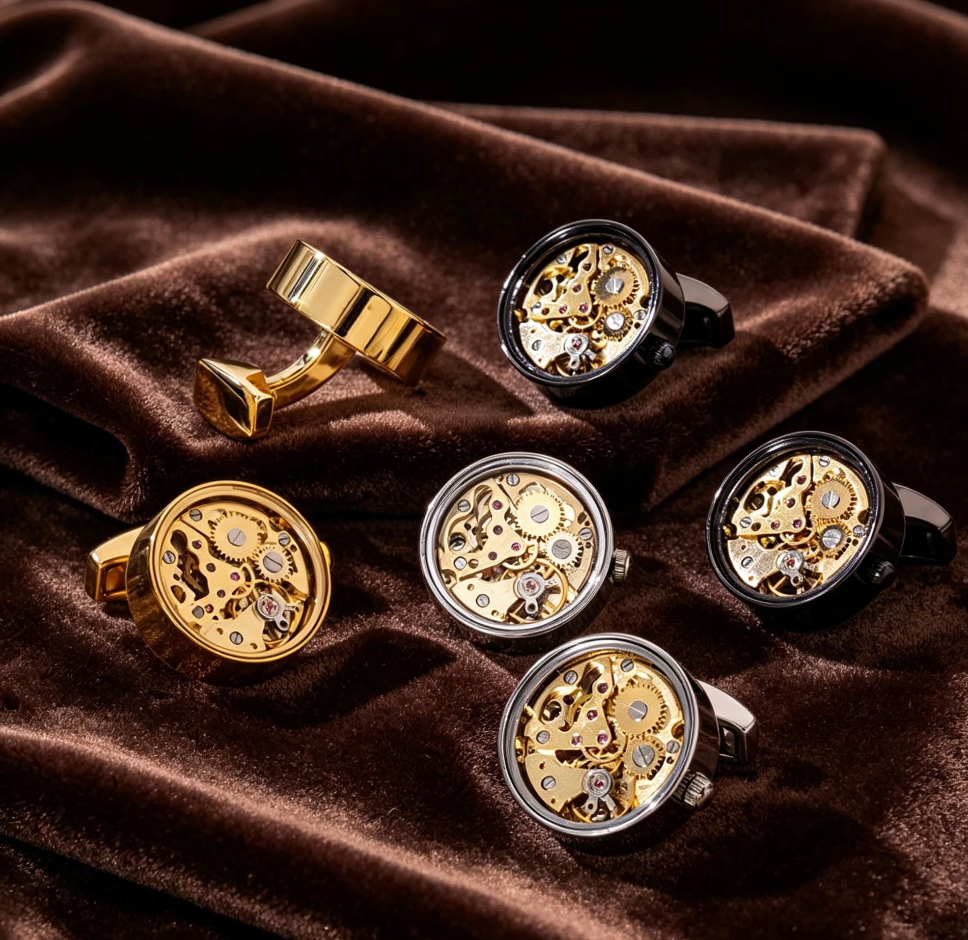 Gold and silver skeleton movement cufflinks with visible brass gears and ruby bearings on brown velvet.