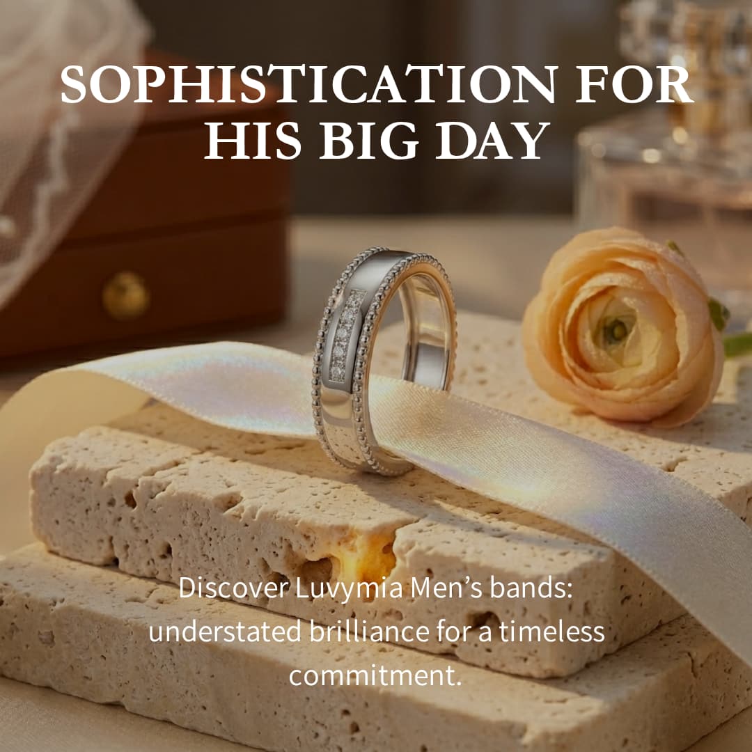 Wide silver men's wedding band with beaded edges and five sparkling moissanite stones on a textured stone surface.