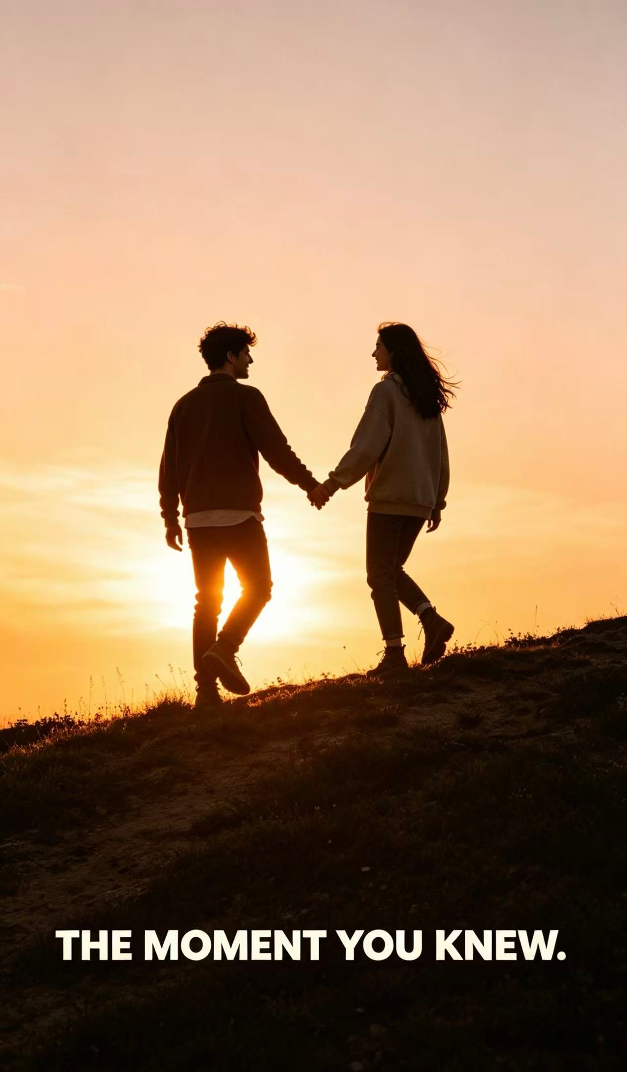 Couple holding hands at sunset, representing the Three Lives marquise moissanite engagement ring's romantic promise.