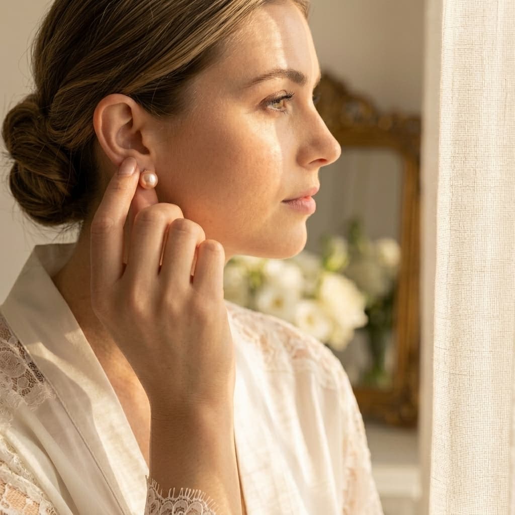 Woman wearing 7mm round white saltwater pearl stud earrings with sterling silver posts in a soft, natural light setting.