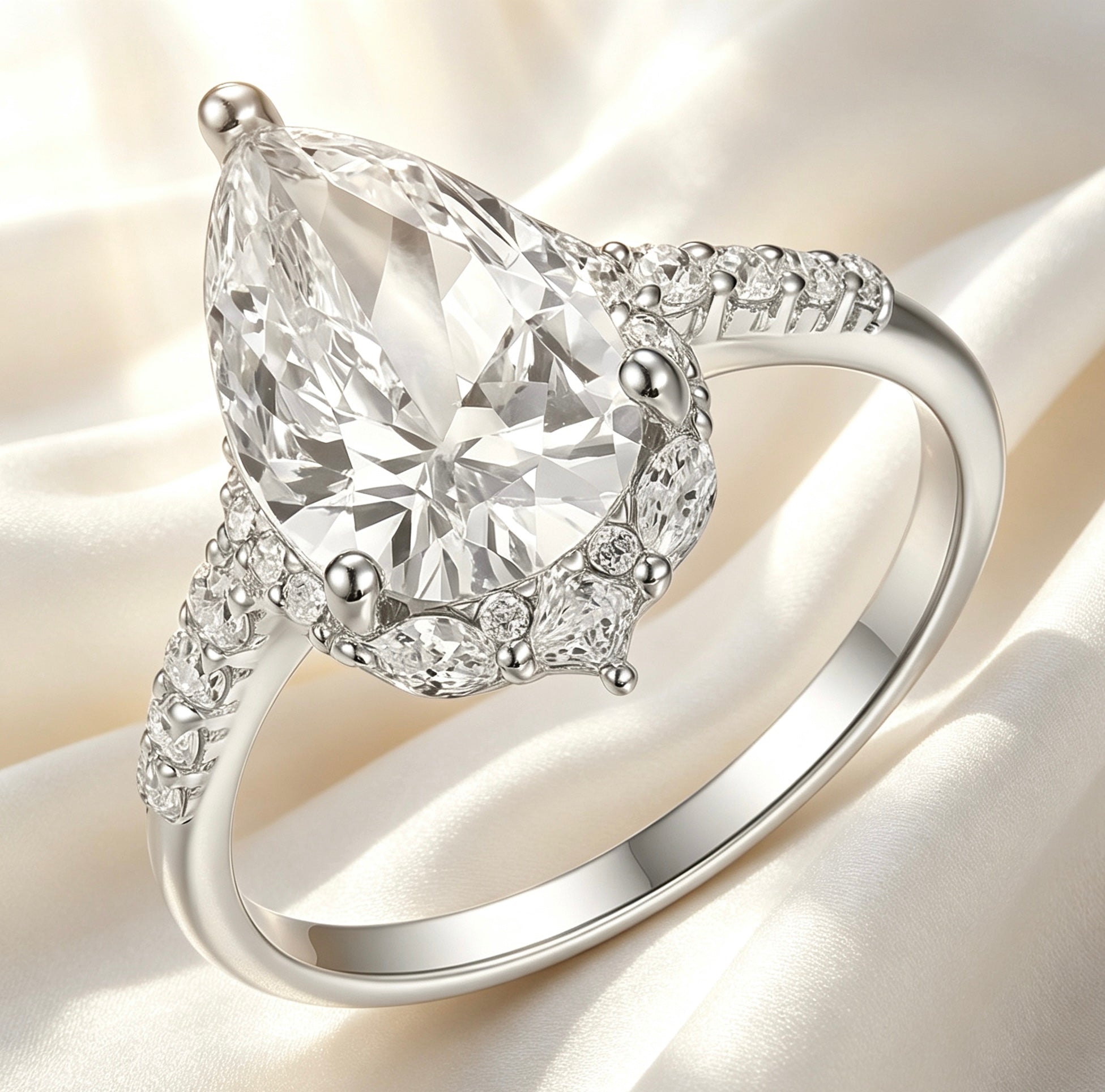 8x12mm pear-cut moissanite ring in S925 silver with marquise and pavé halo accents on a white satin background.